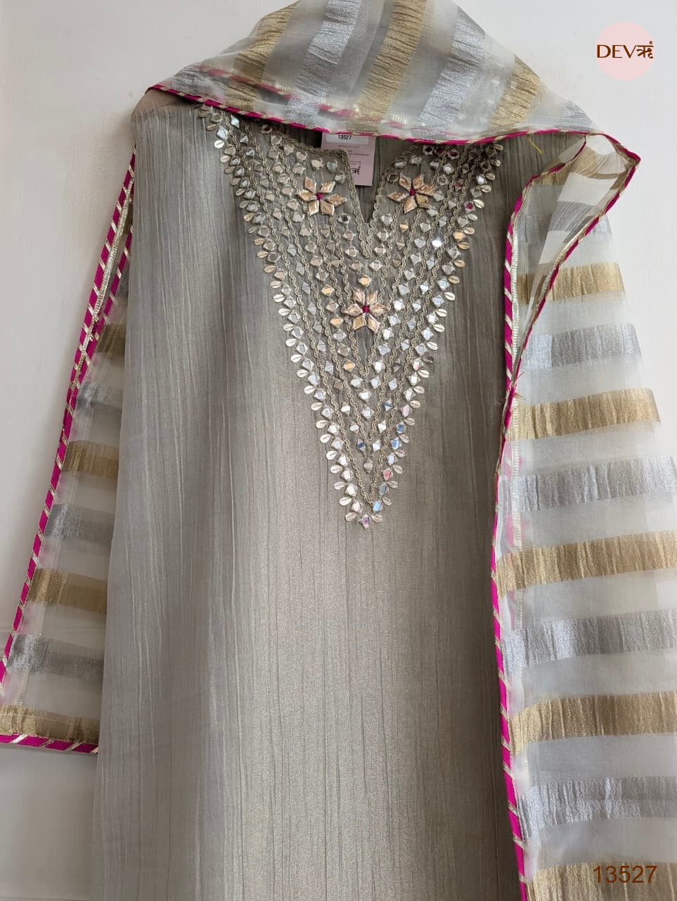Grey Tissue Silk Embroidered Unstitched 3-Piece Suit (Devri – D.No 13527)