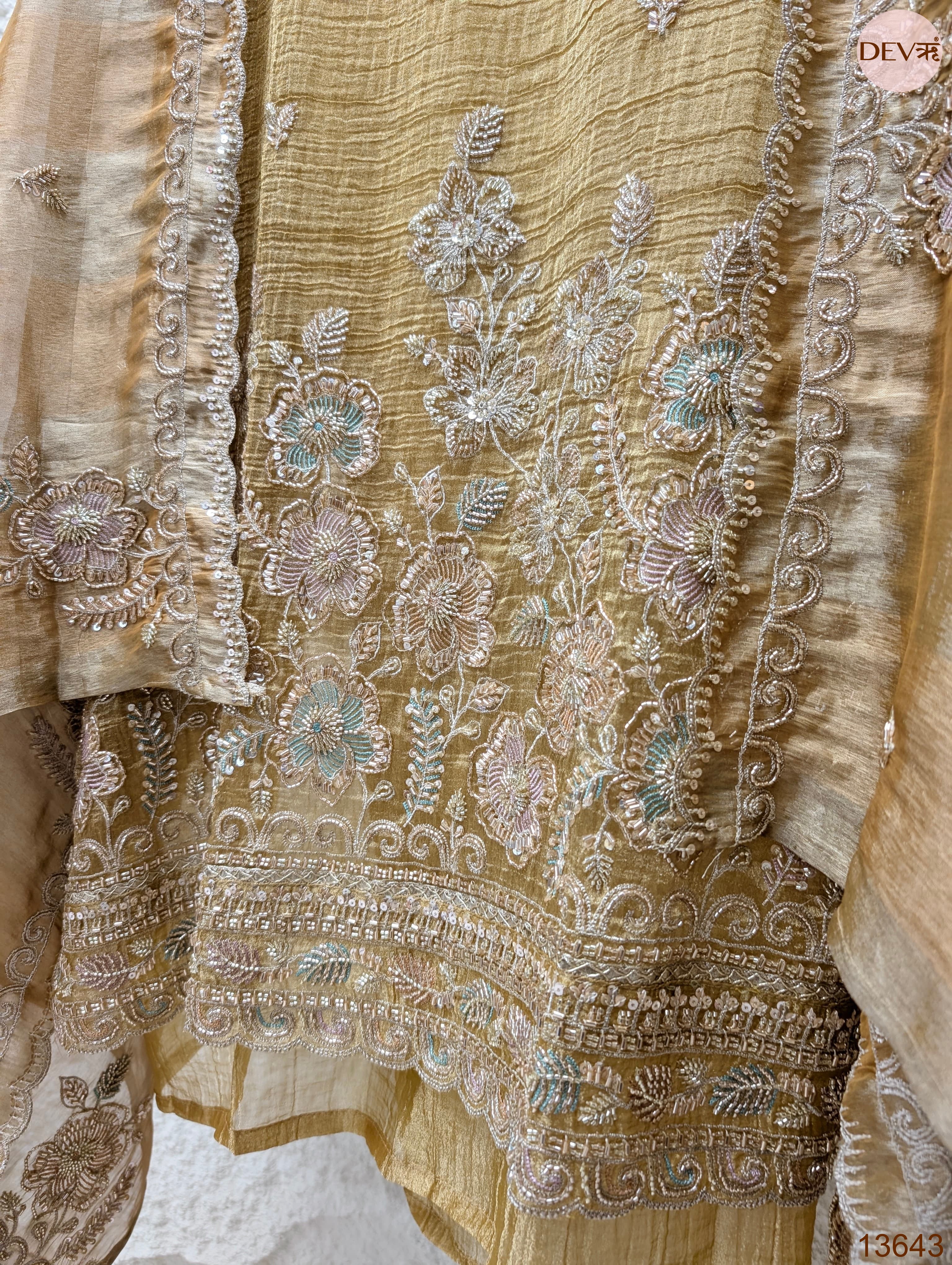 Mustard Tissue Crush Silk Embroidered Unstitched 3-Piece Suit (Devri – D.No 13643)