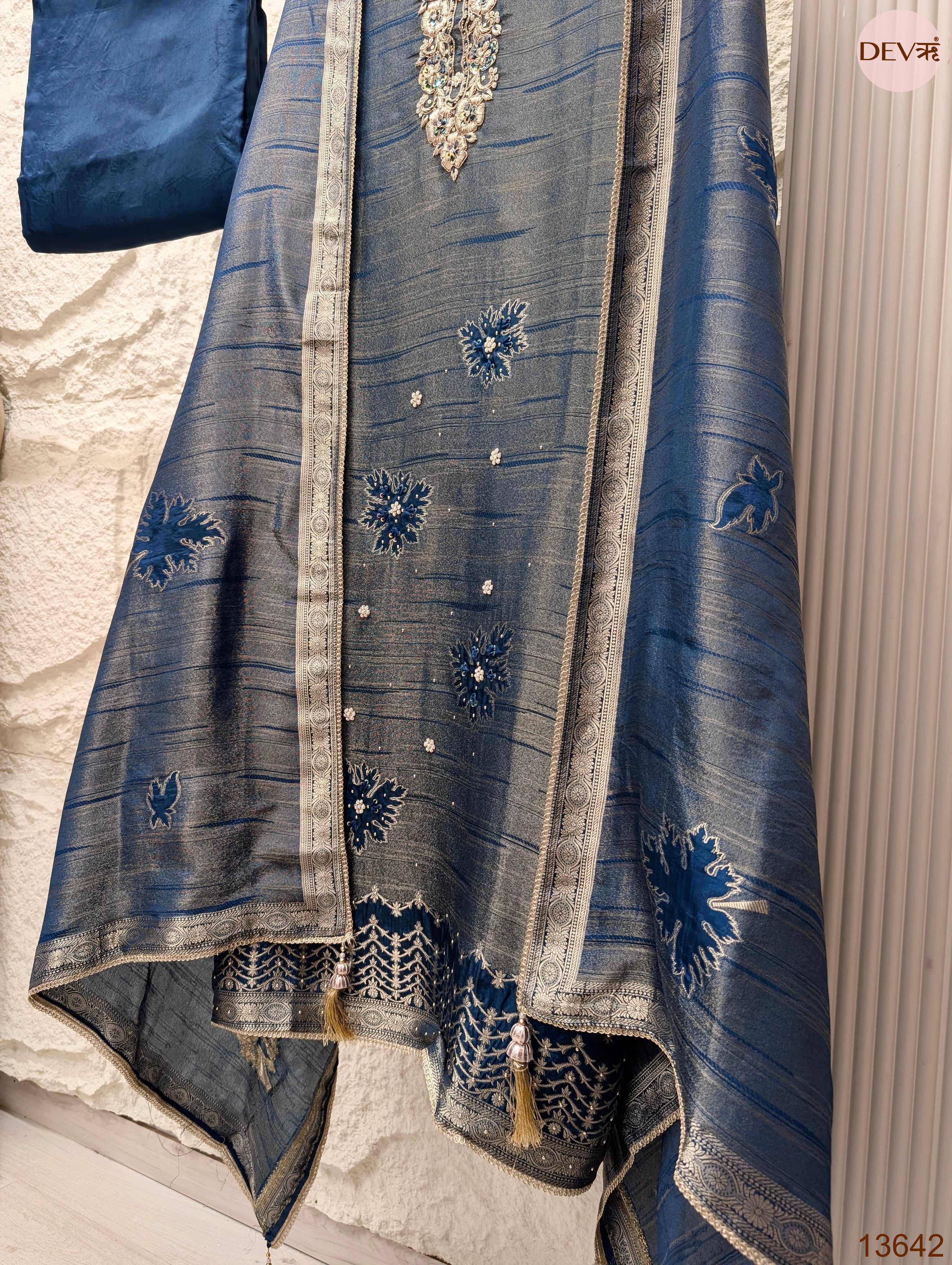 Blue Pure Girafe Banarasi Silk Embroidered Unstitched 3-Piece Suit (Devri – D.No 13642)