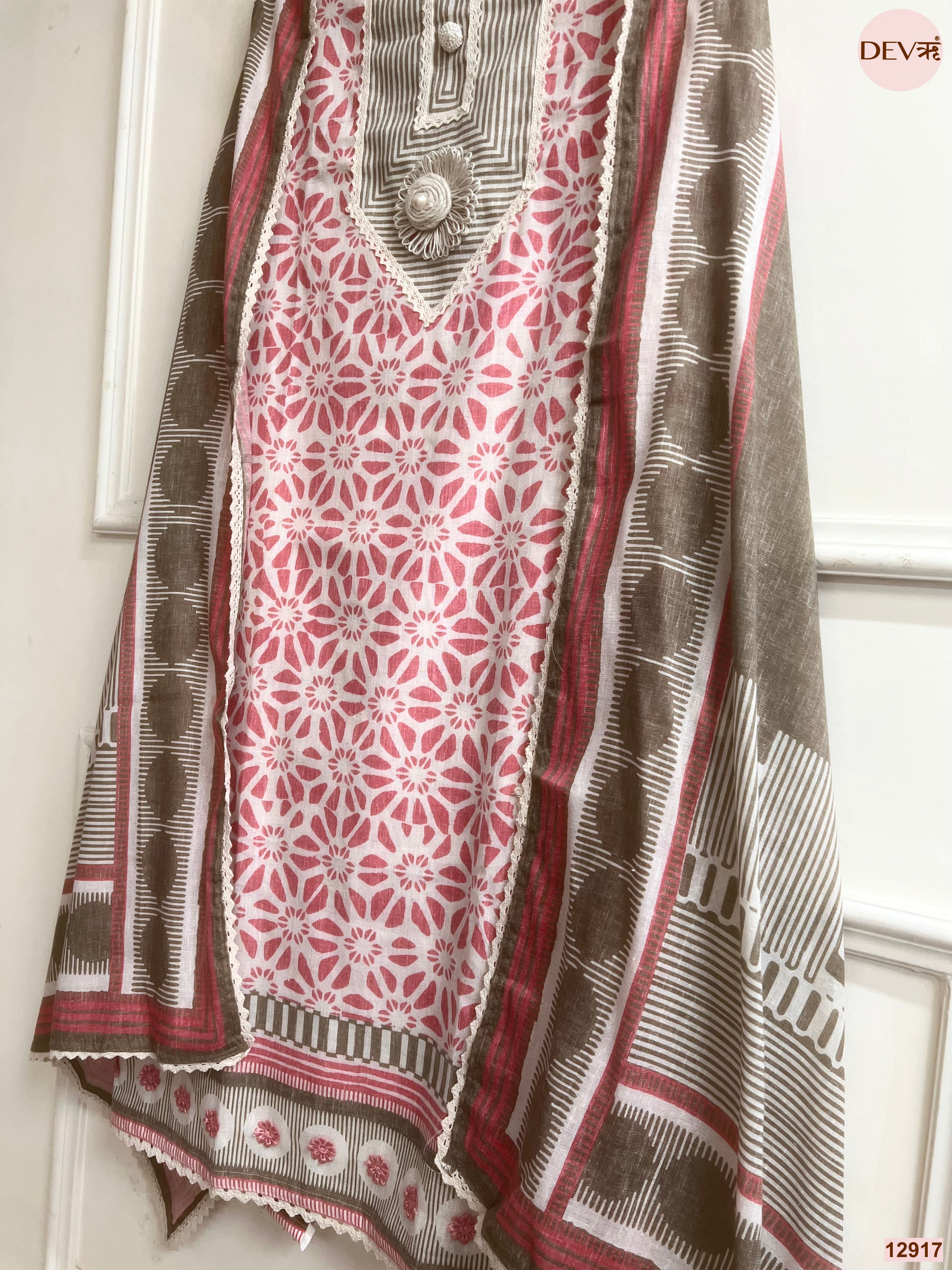 Pink Cotton Khadi Printed Unstitched 3-Piece Suit (Devri – D.No 12917)