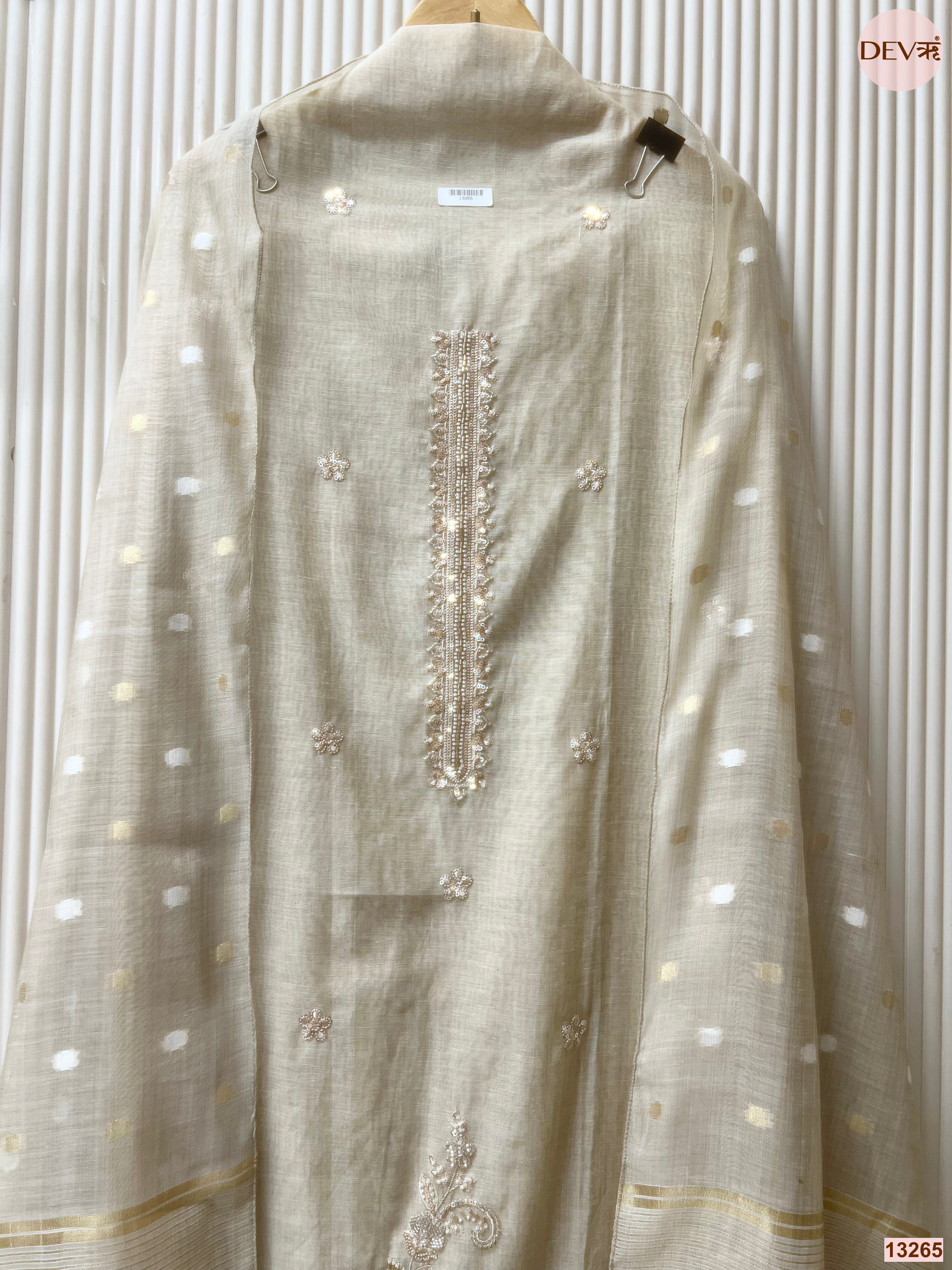 Cream Mul Chanderi Embroidered Unstitched 3-Piece Suit (Devri – D.No 13265)