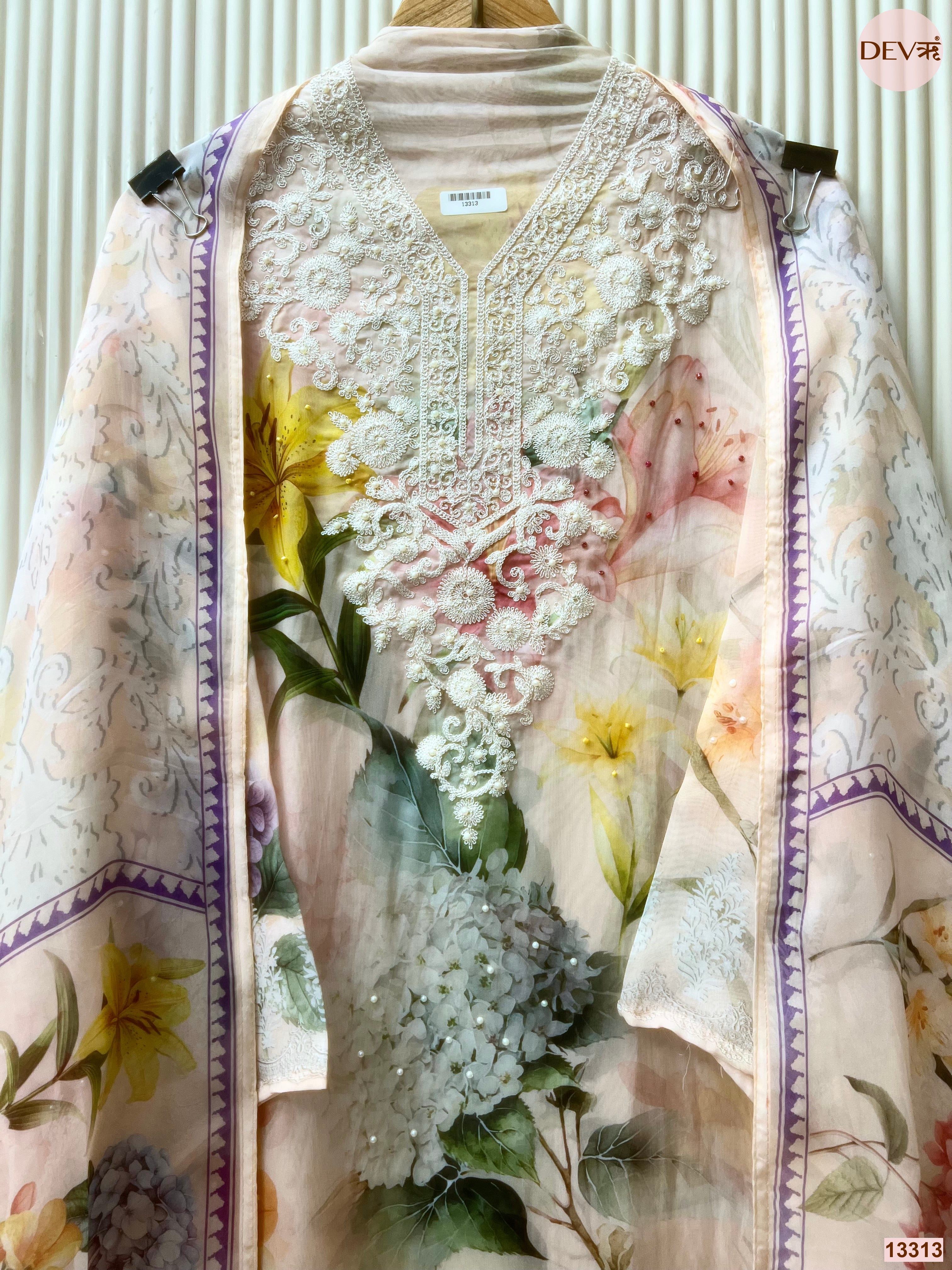 Peach Organza Printed Unstitched 3-Piece Suit (Devri – D.No 13313)
