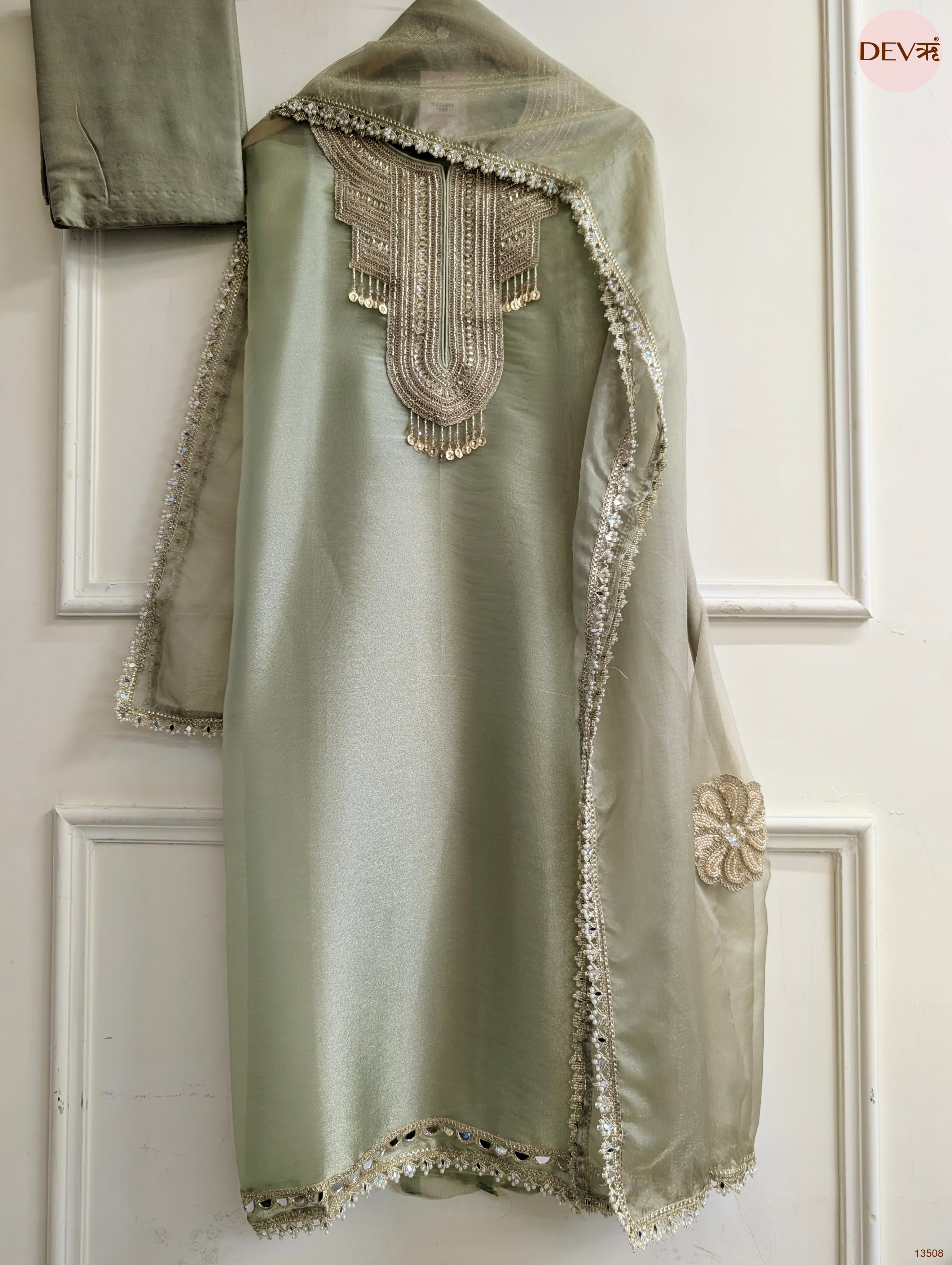Sage Tissue Silk Hand Unstitched 3-Piece Suit (Devri – D.No 13508)