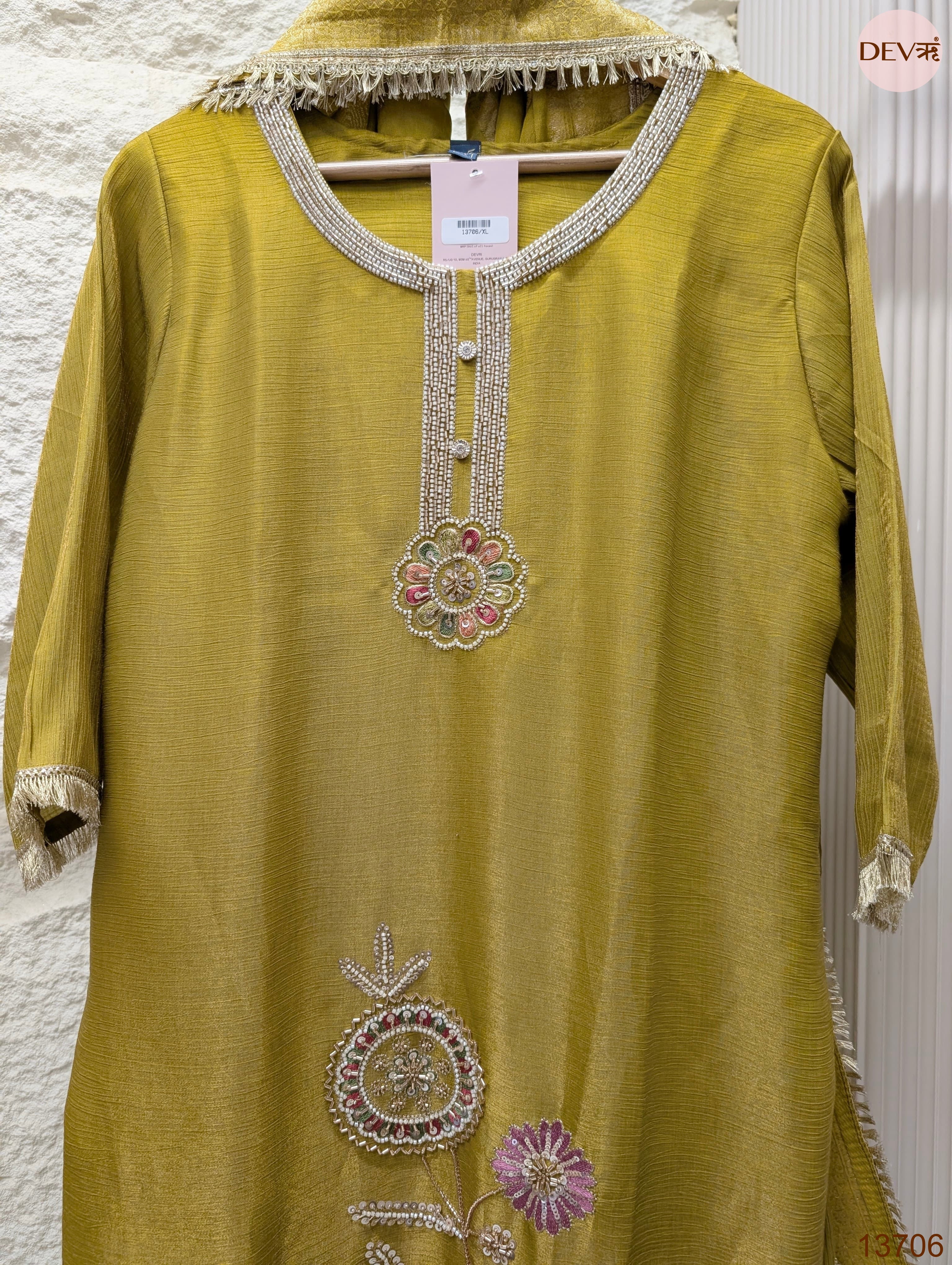 Gulnaar Tissue silk blend Embroidered Olive Green 3-Piece Set (Devri – D.No 13706)
