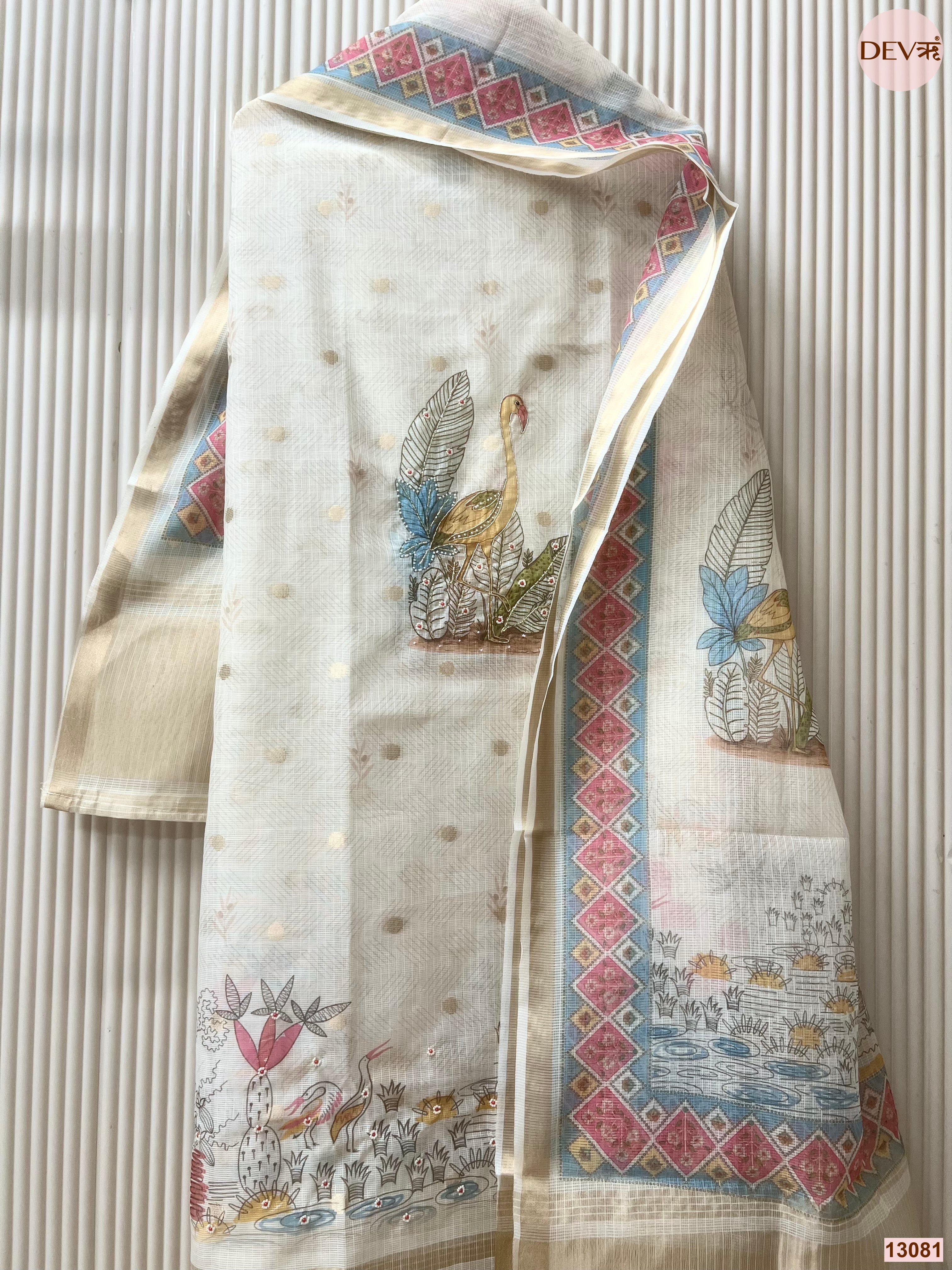 Off White Kota Printed Unstitched 3-Piece Suit (Devri – D.No 13081)