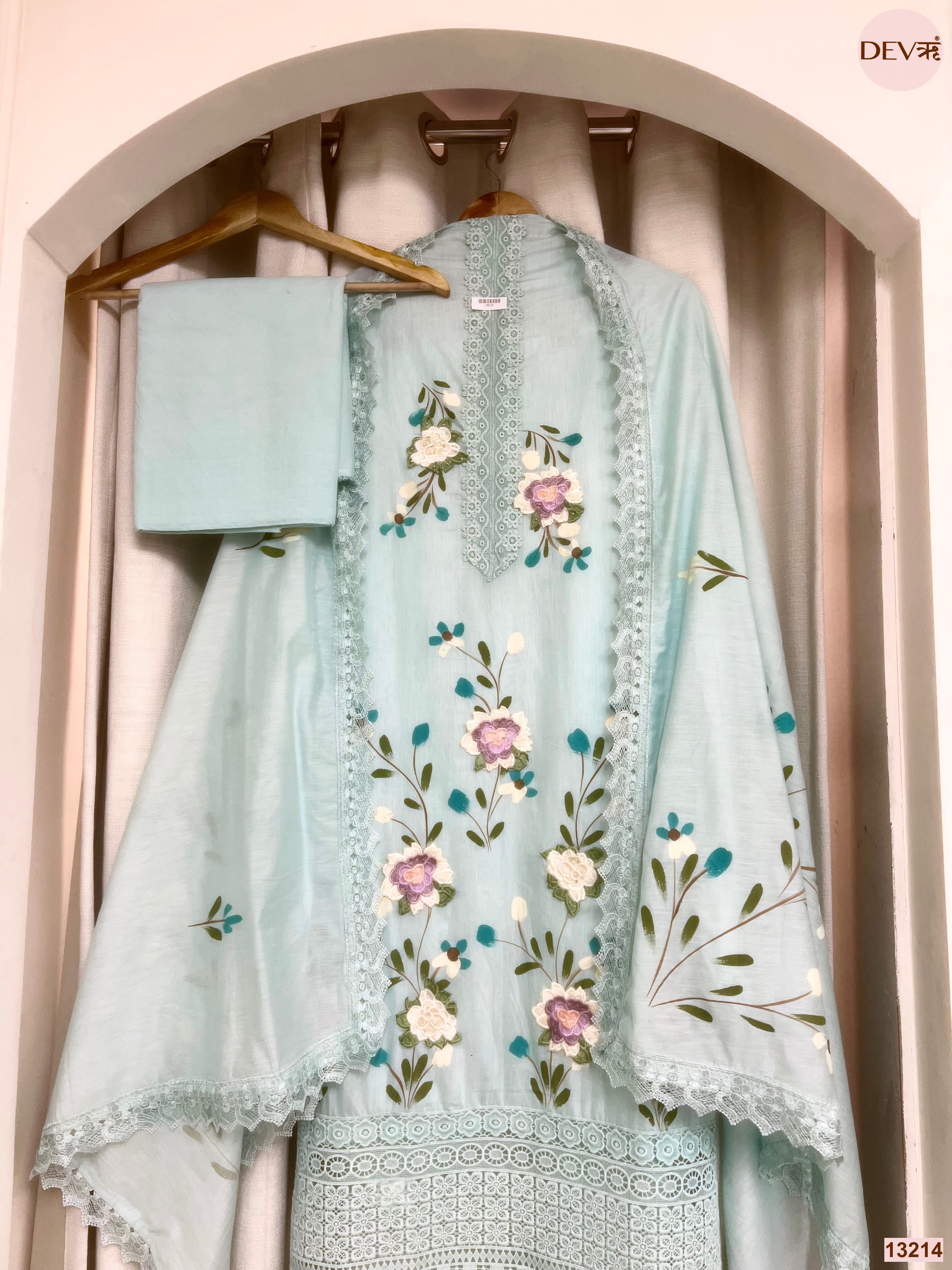 Blue Mul Chanderi Embroidered Unstitched 3-Piece Suit (Devri – D.No 13214)