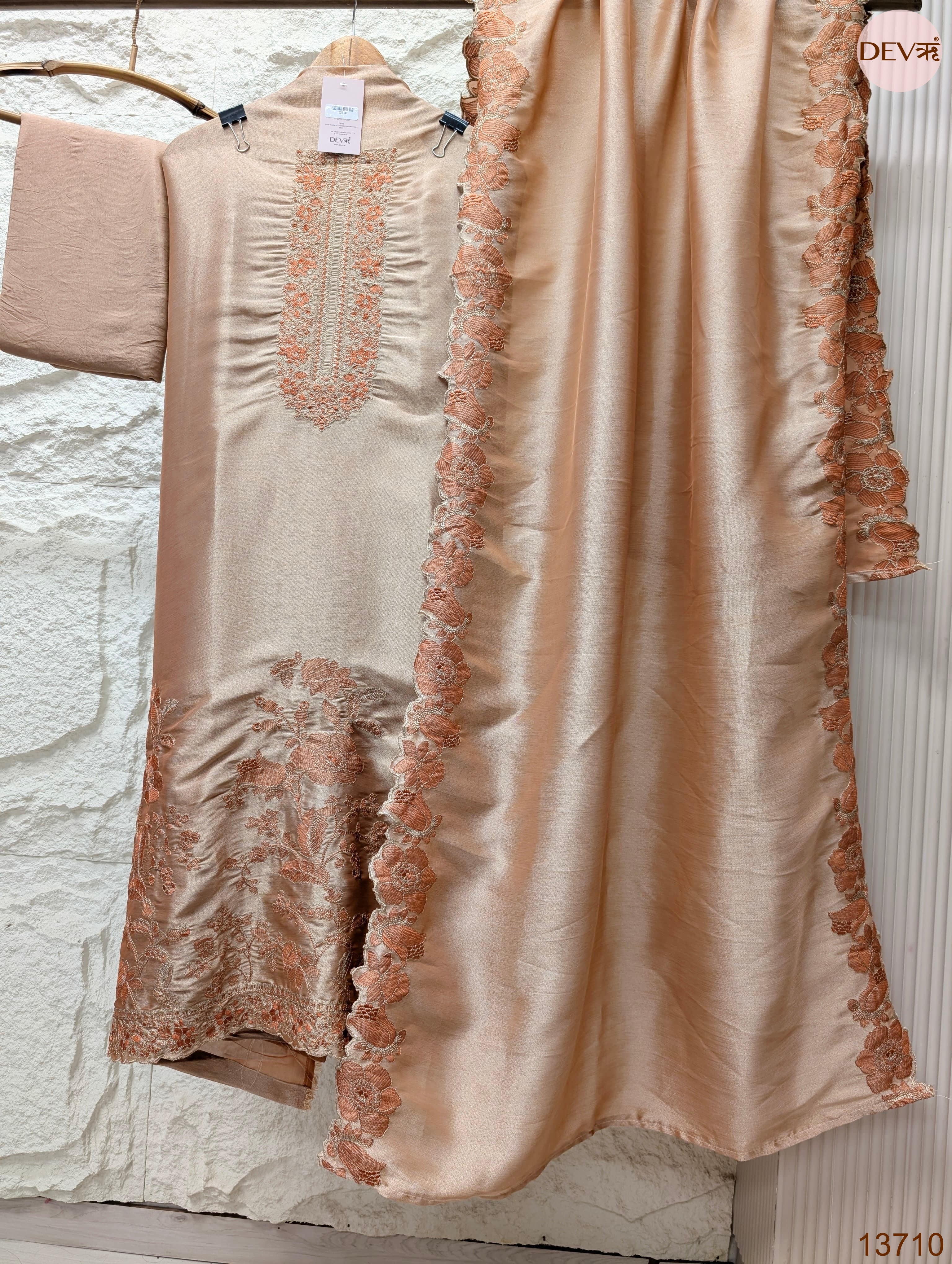 Peach Silk Blend Embroidered Unstitched 3-Piece Suit (Devri – D.No 13710)