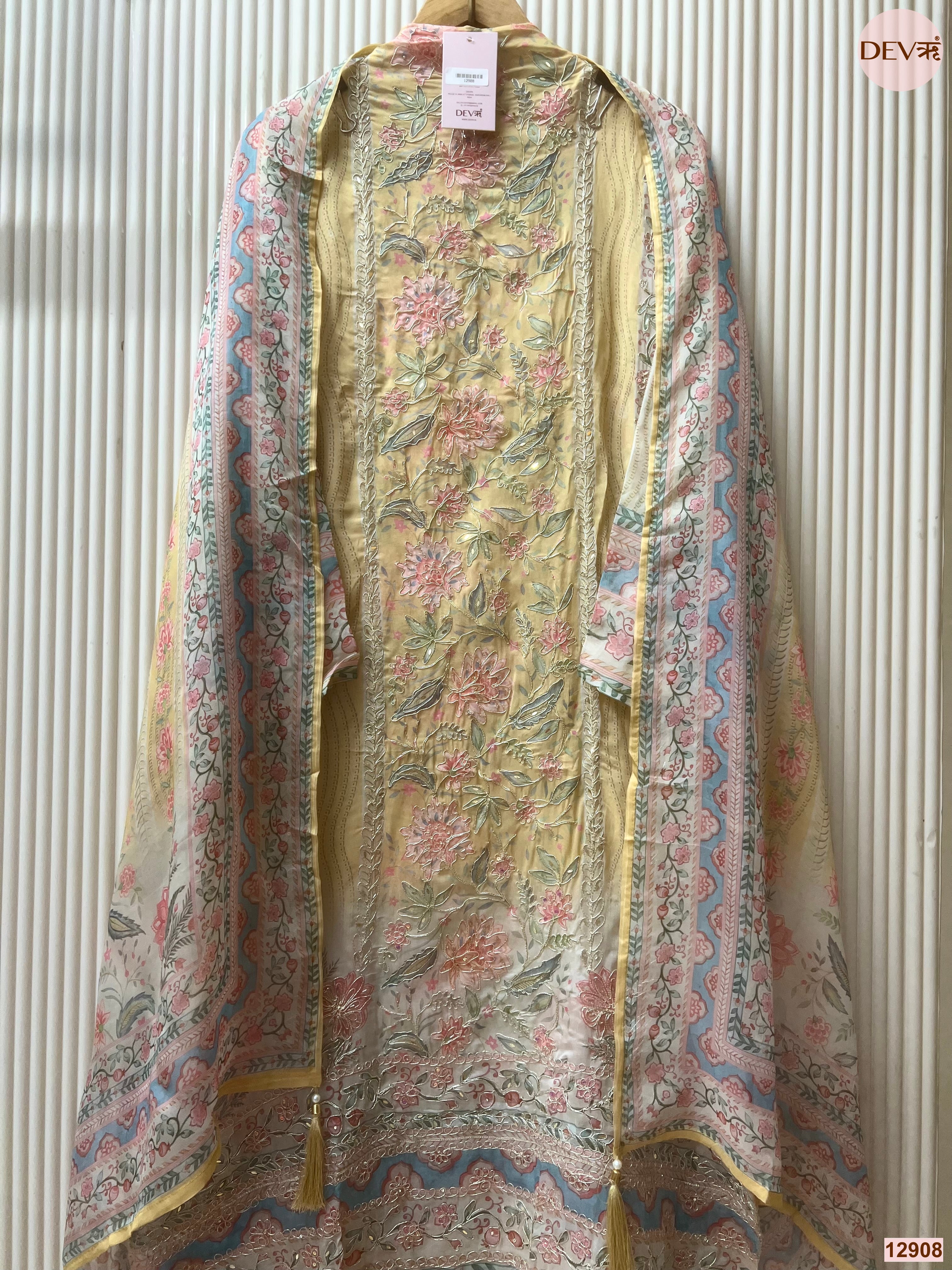 Yellow Organza Embroidered Unstitched 3-Piece Suit (Devri – D.No 12908)