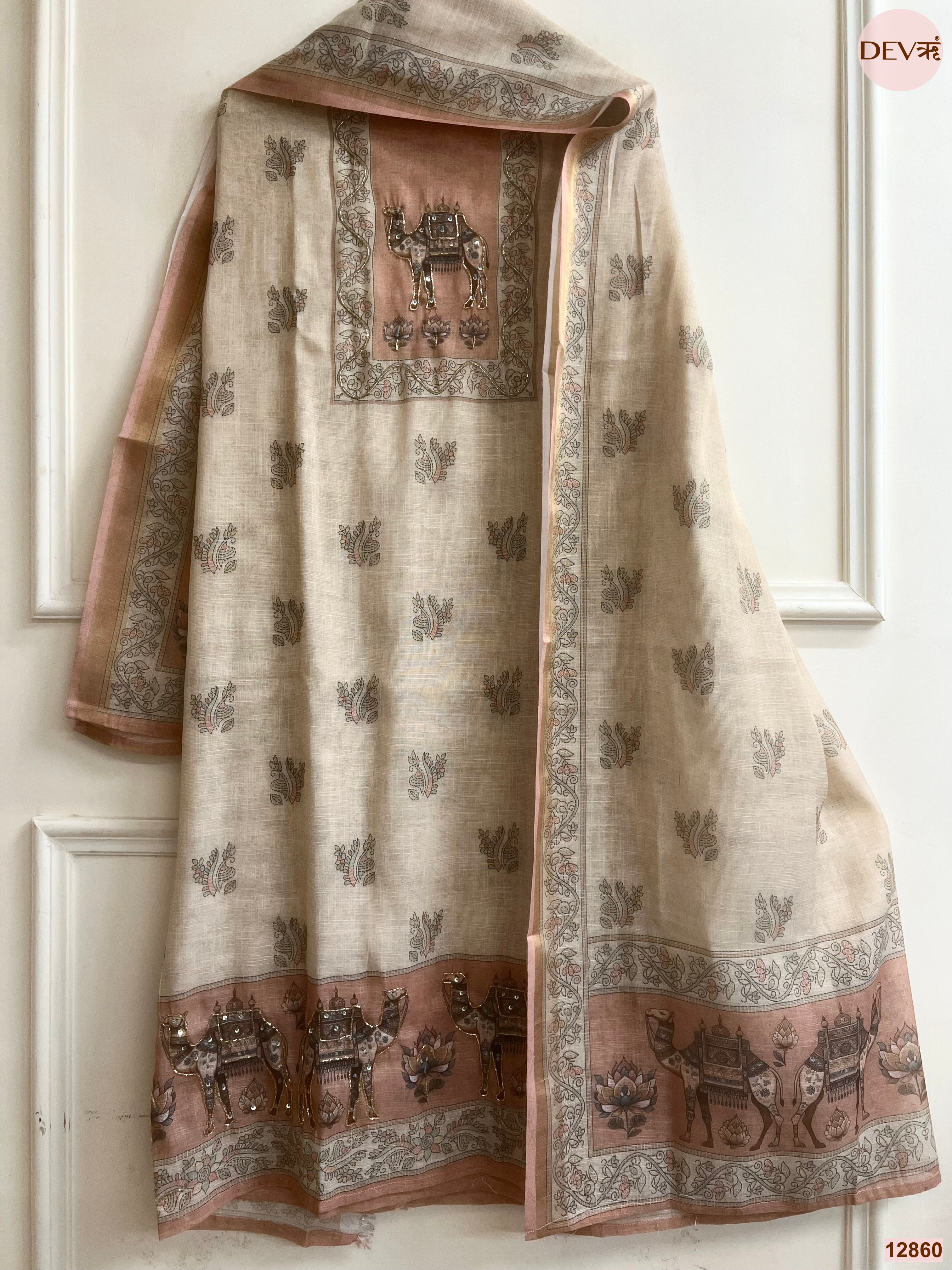Beige Linen Cotton Printed Unstitched 3-Piece Suit (Devri – D.No 12860)