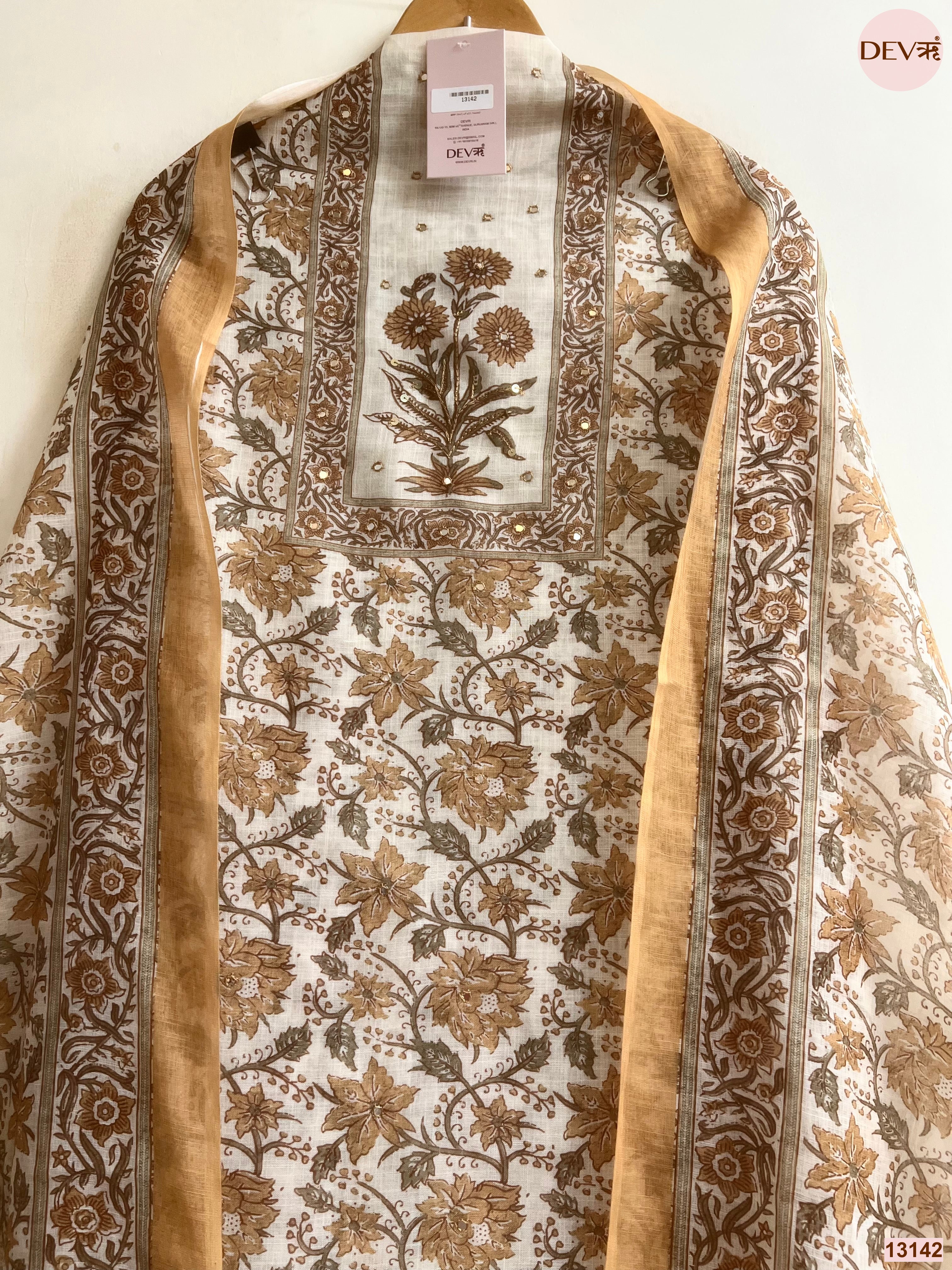 Cream Linen Printed Unstitched 3-Piece Suit (Devri – D.No 13142)