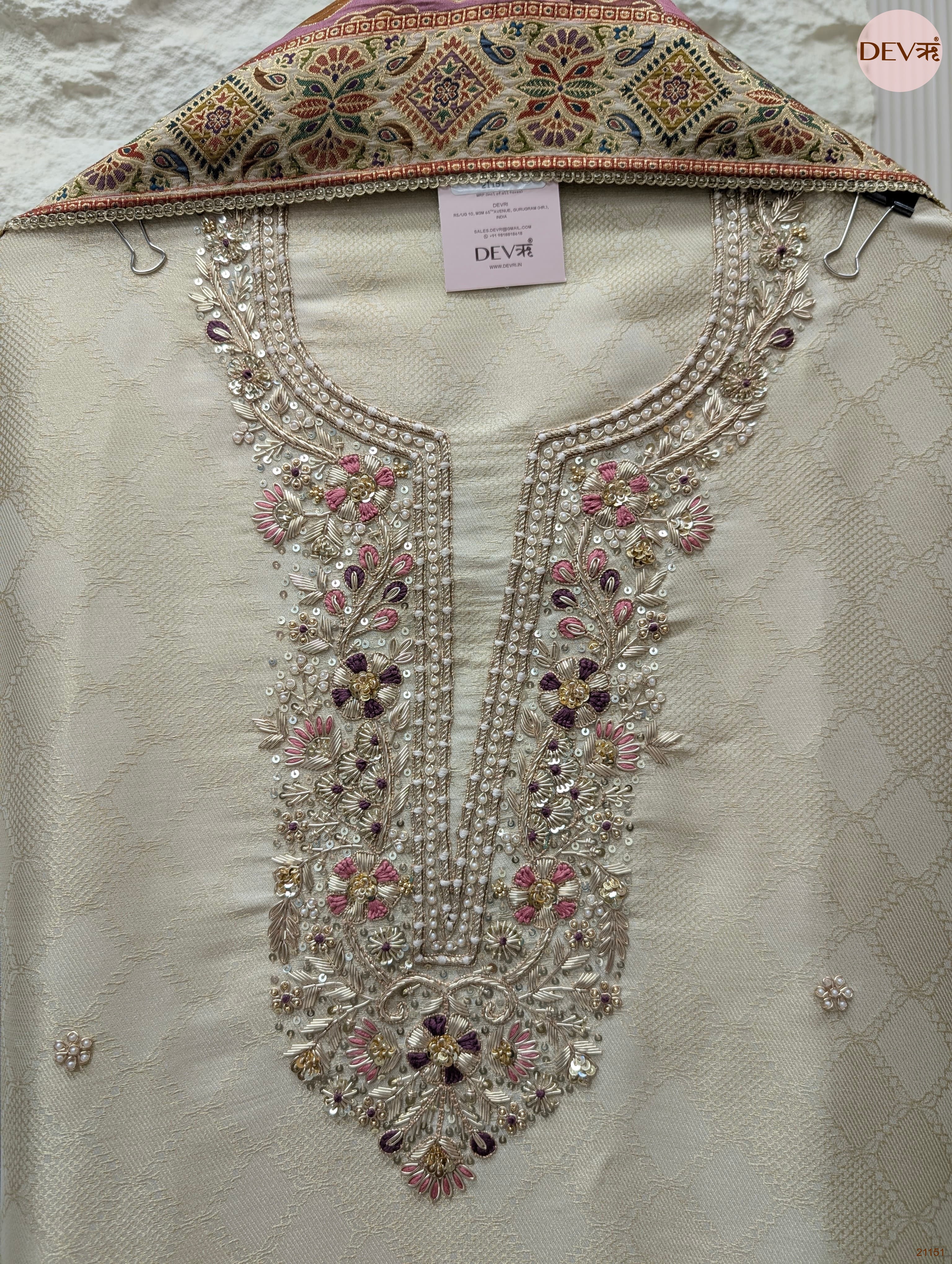 Cream Pure Banarasi Woven Silk Embroidered Unstitched 3-Piece Suit (Devri – D.No 21151)