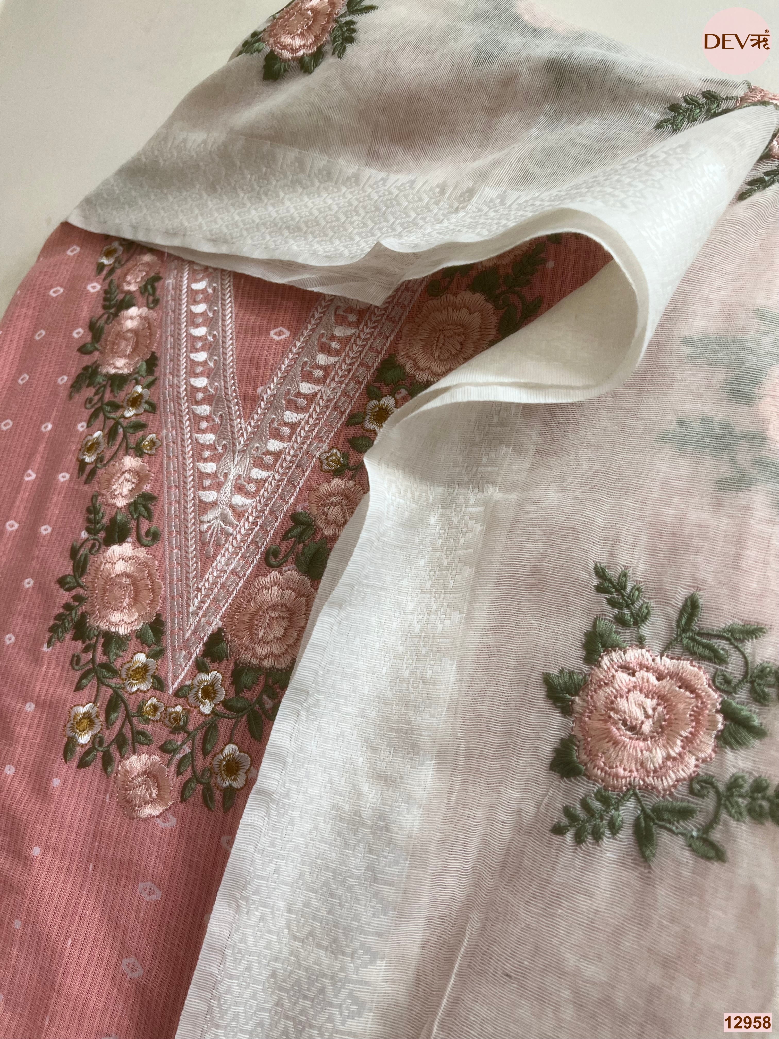 Pink Cotton Handloom Embroidered Unstitched 3-Piece Suit (Devri – D.No 12958)
