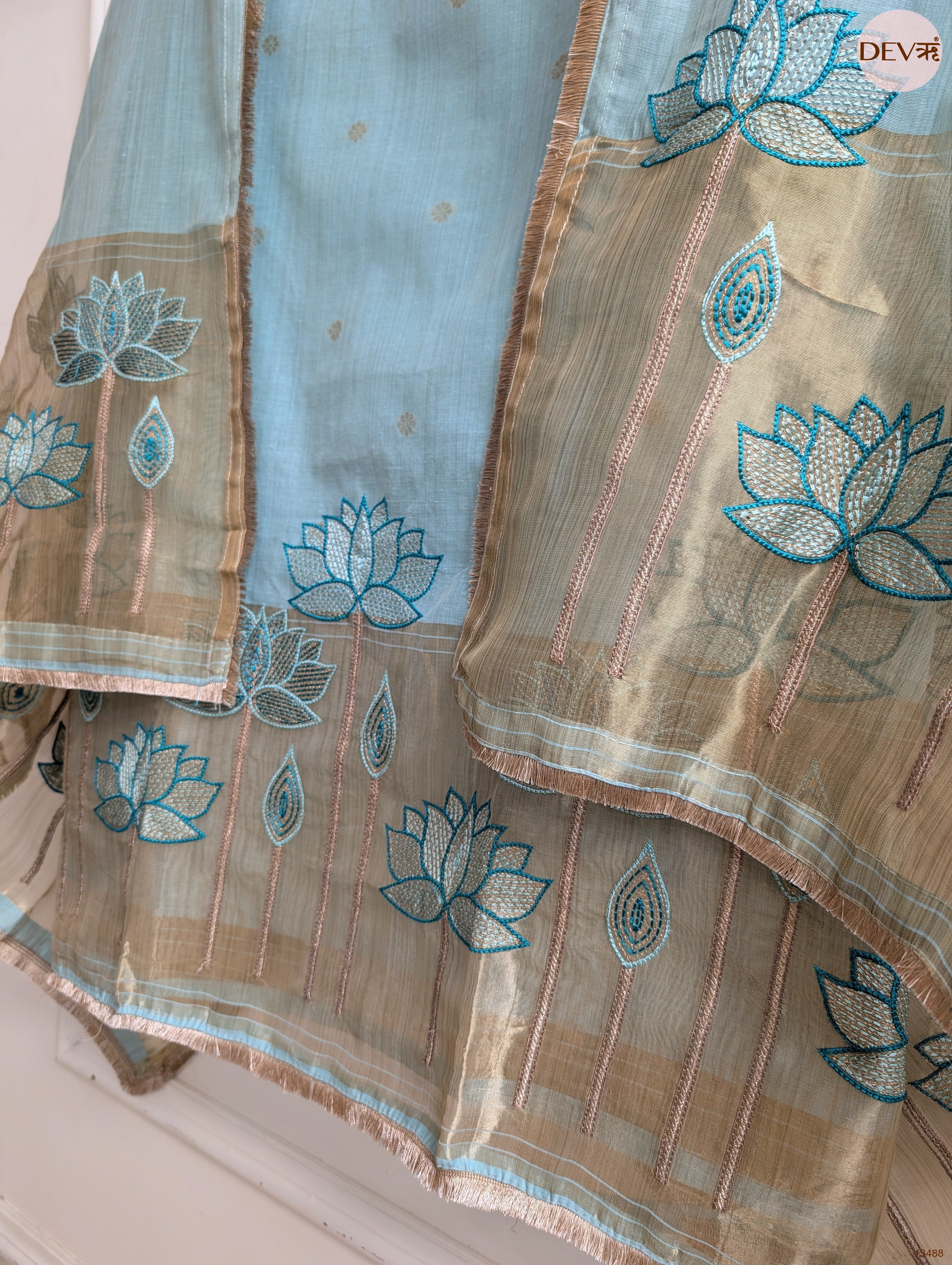 Blue Banarashi Silk Embroidered Unstitched 3-Piece Suit (Devri – D.No 13488)