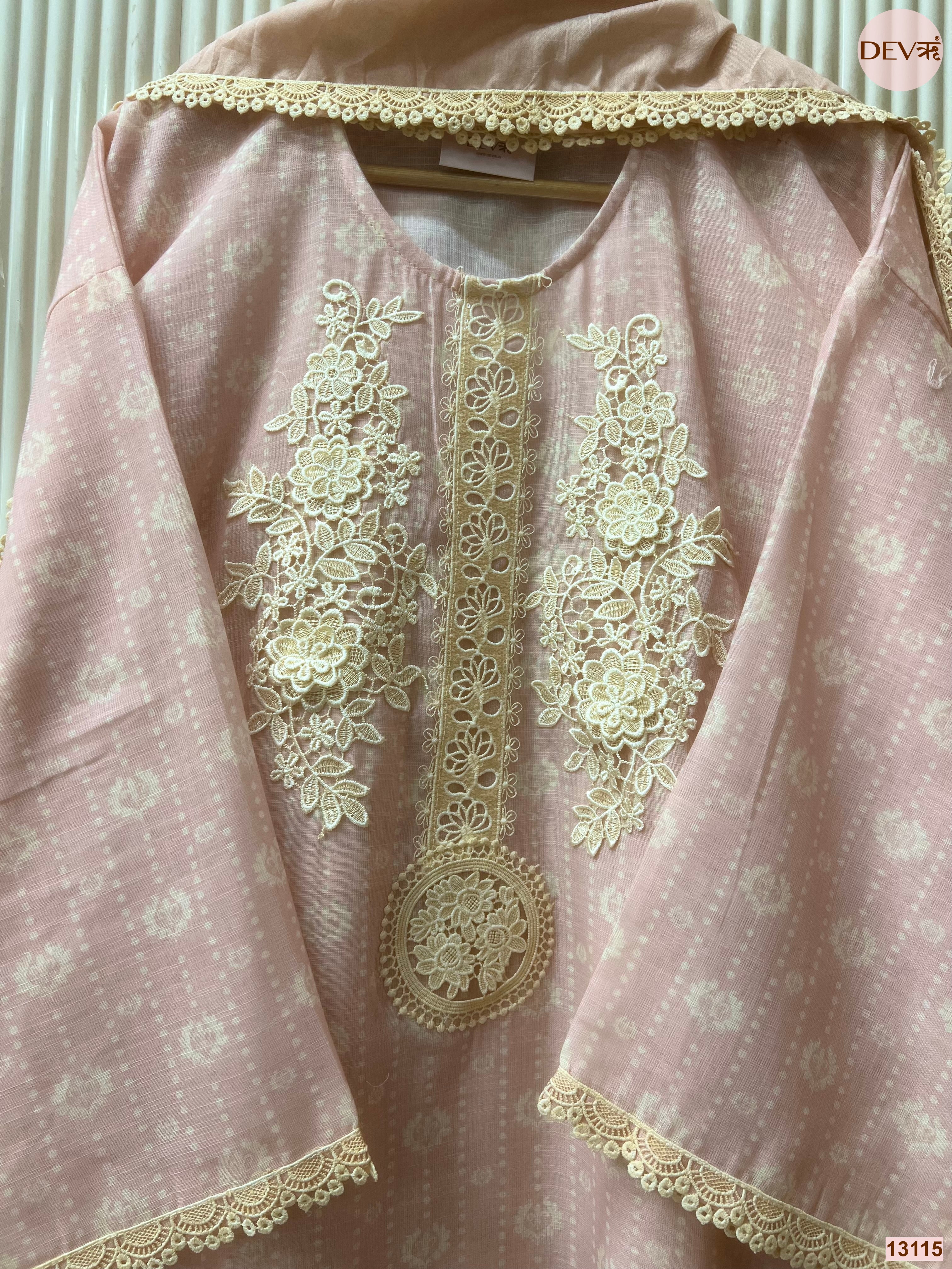 Pink Linen Cotton Embroidered Unstitched 3-Piece Suit (Devri – D.No 13115)