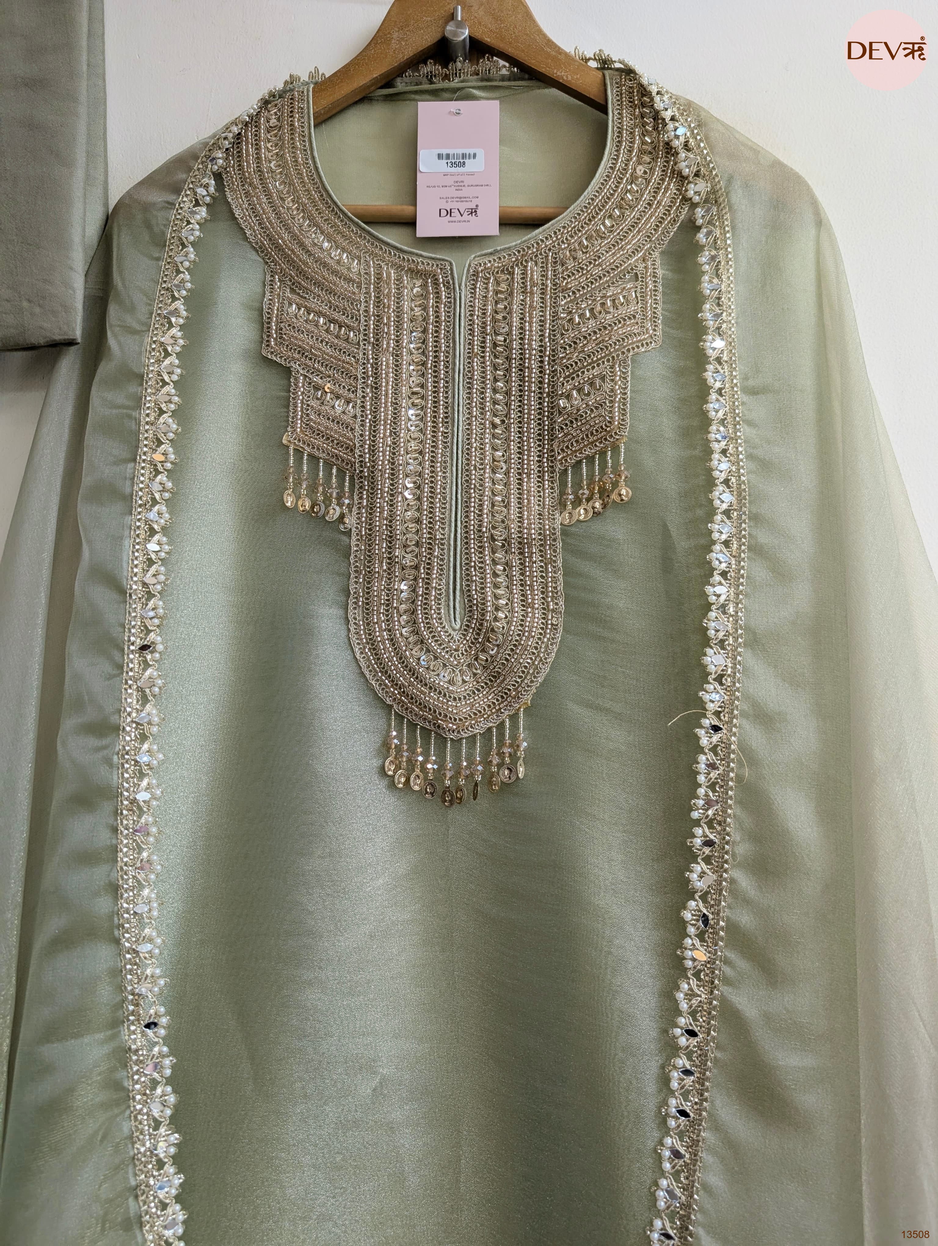 Sage Tissue Silk Hand Unstitched 3-Piece Suit (Devri – D.No 13508)