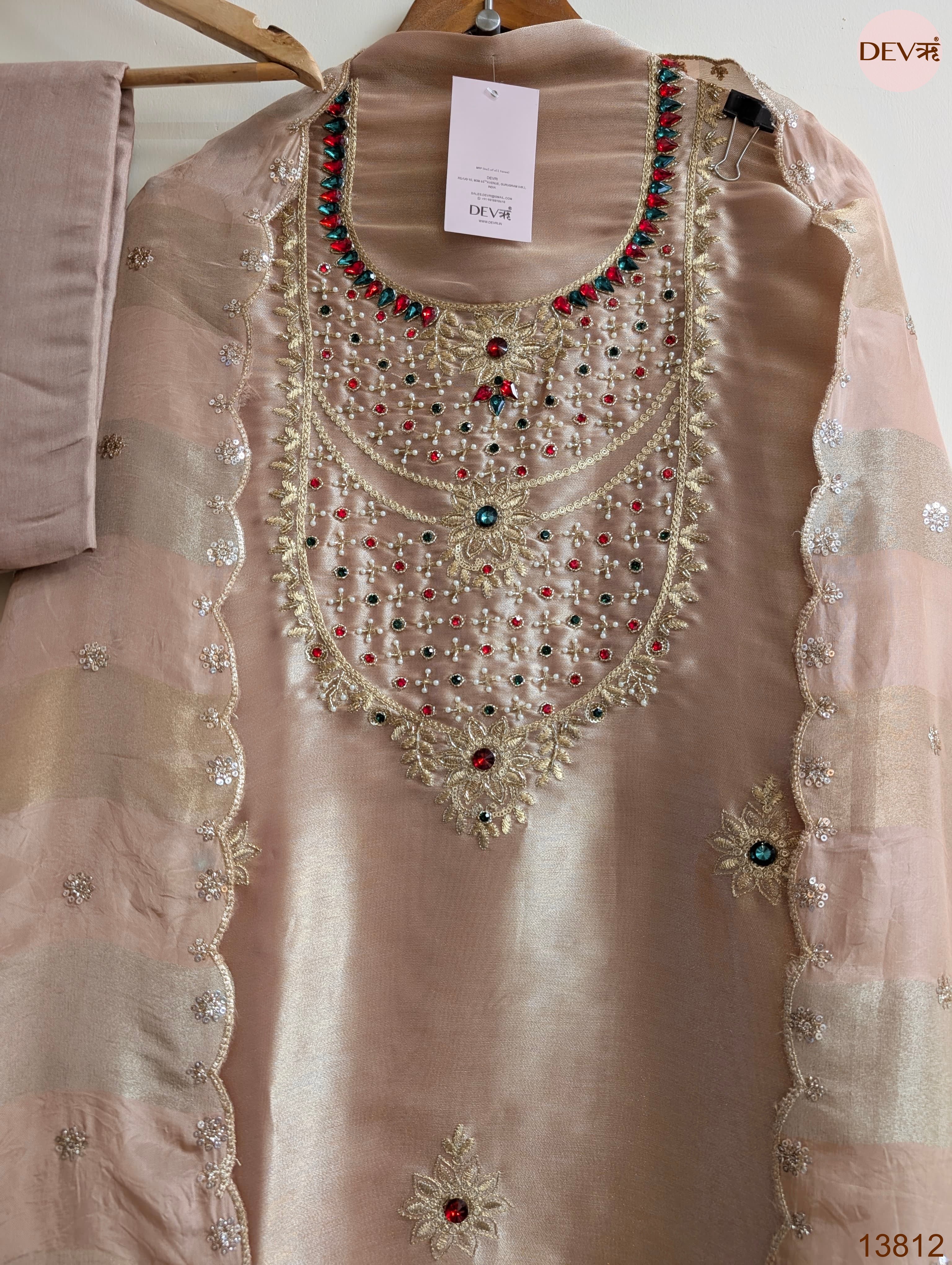 Pink Pure Tissue Giraffe Silk Hand Unstitched 3-Piece Suit (Devri – D.No 13812)