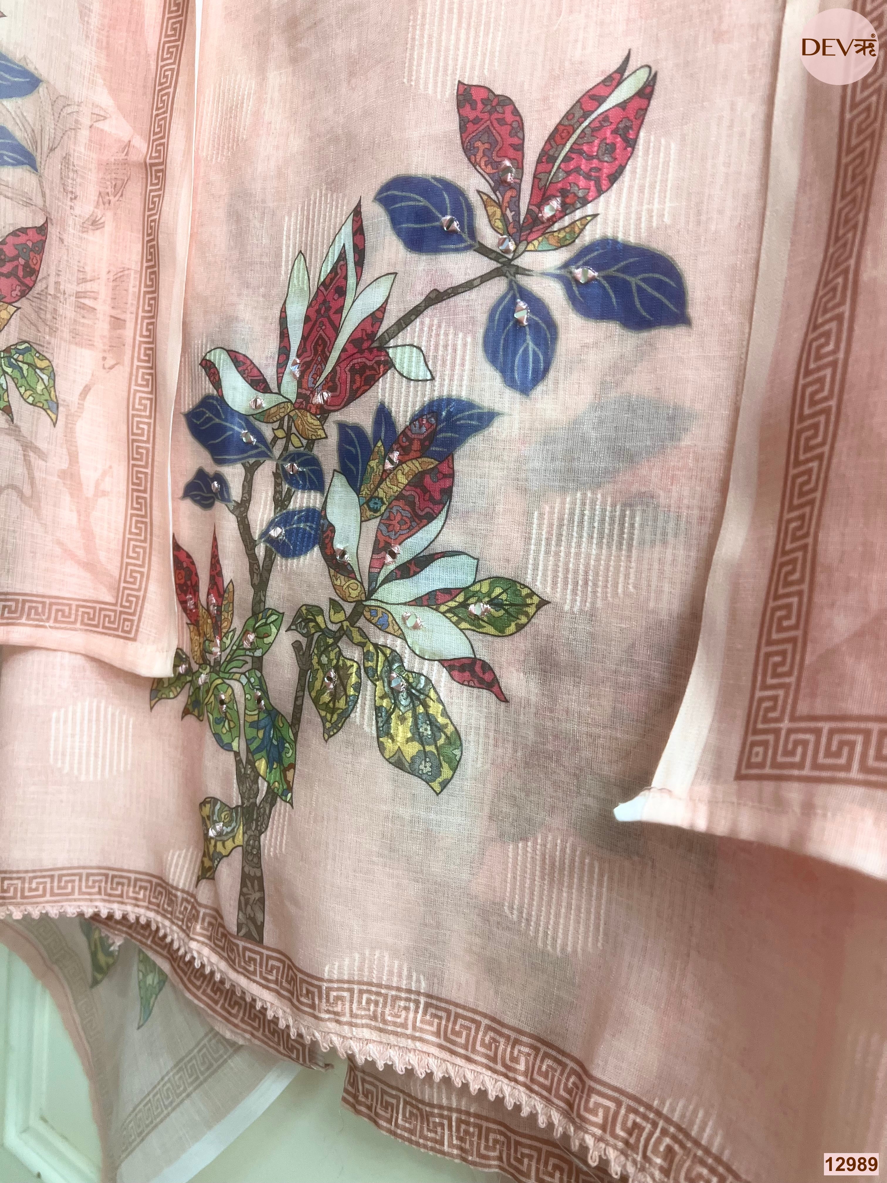 Peach Linen Printed Unstitched 3-Piece Suit (Devri – D.No 12989)