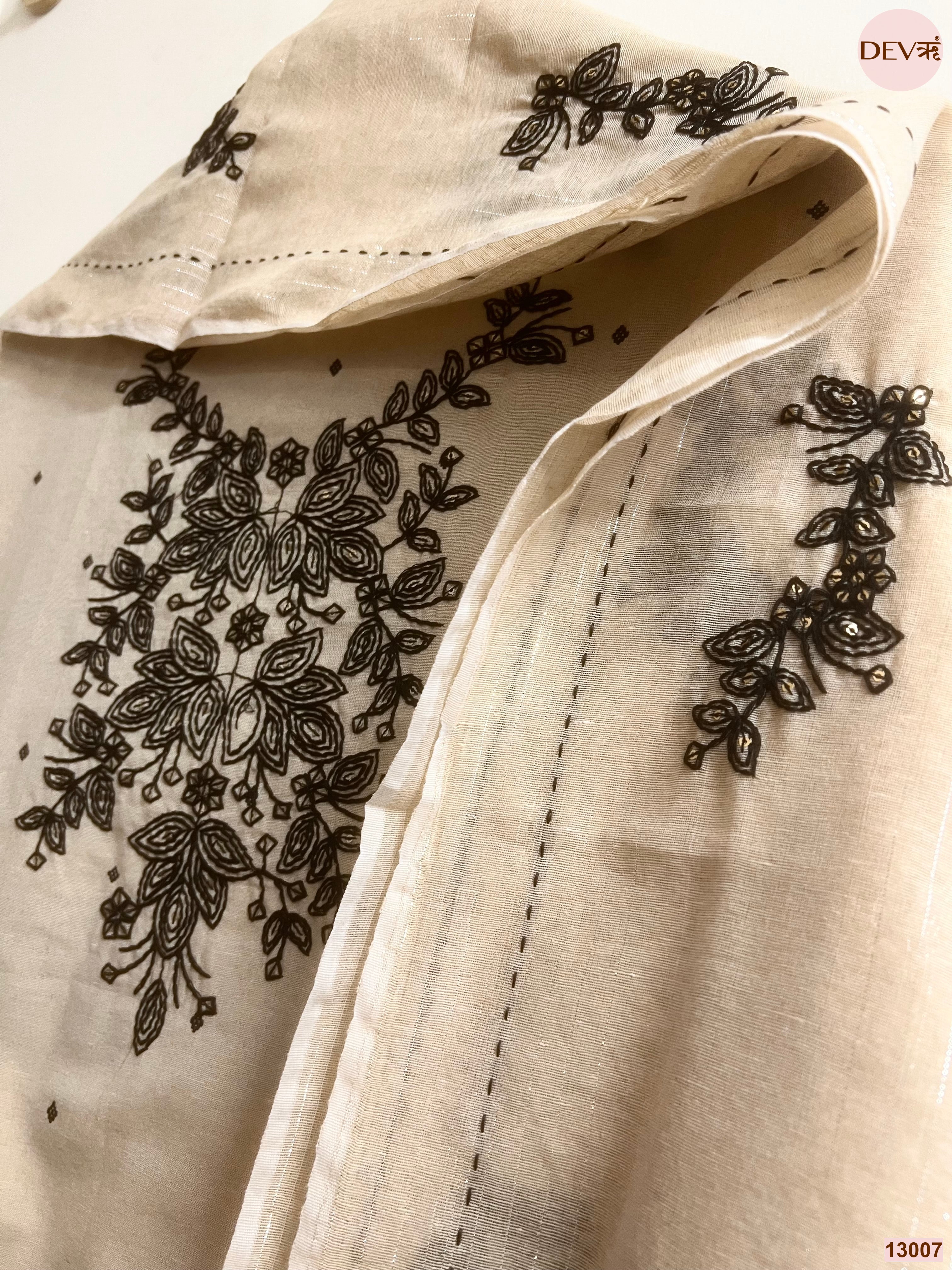 Beige Cotton Handloom Embroidered Unstitched 3-Piece Suit (Devri – D.No 13007)