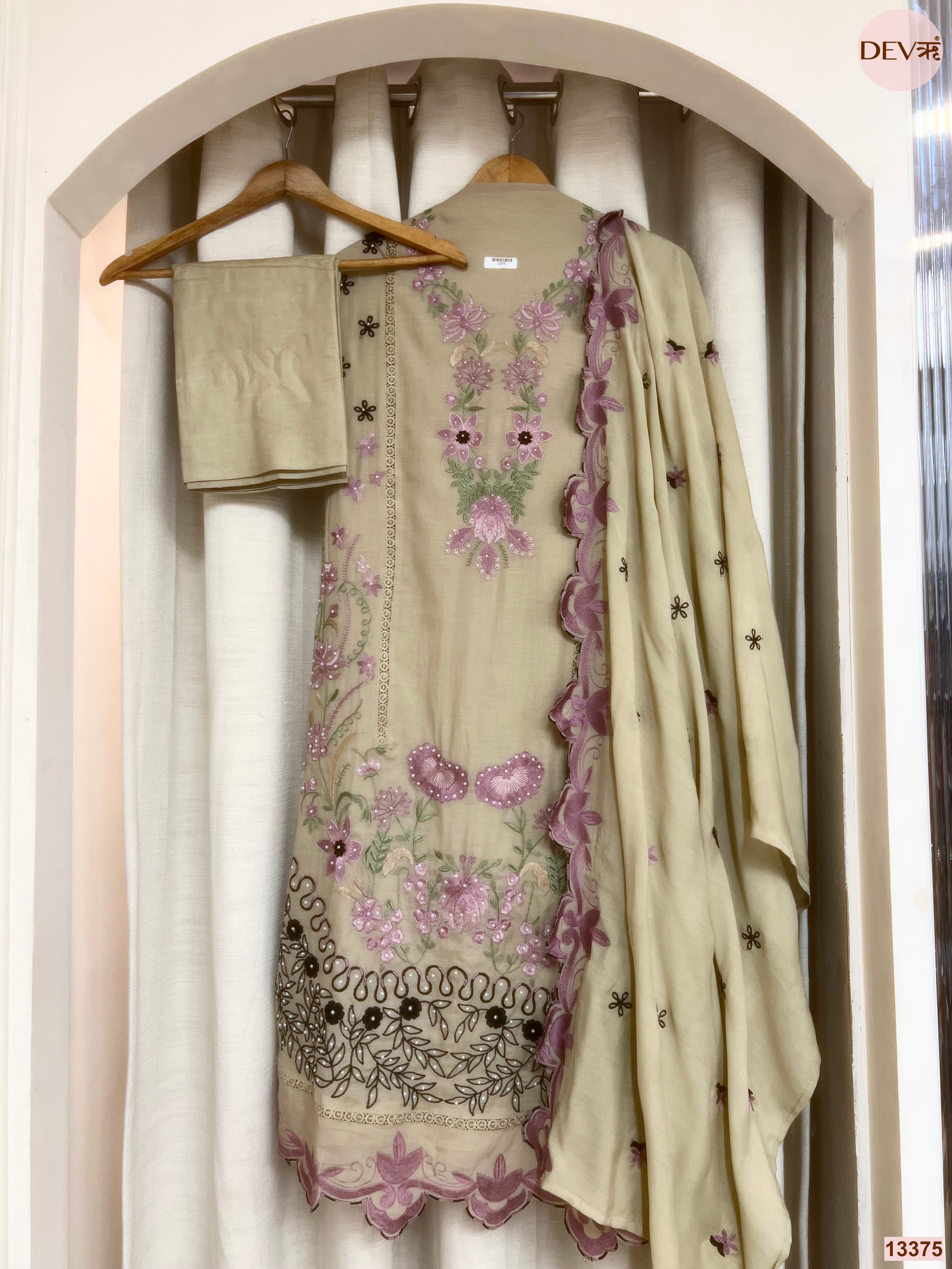 Beige Mul Cotton Embroidered Unstitched 3-Piece Suit (Devri – D.No 13375)