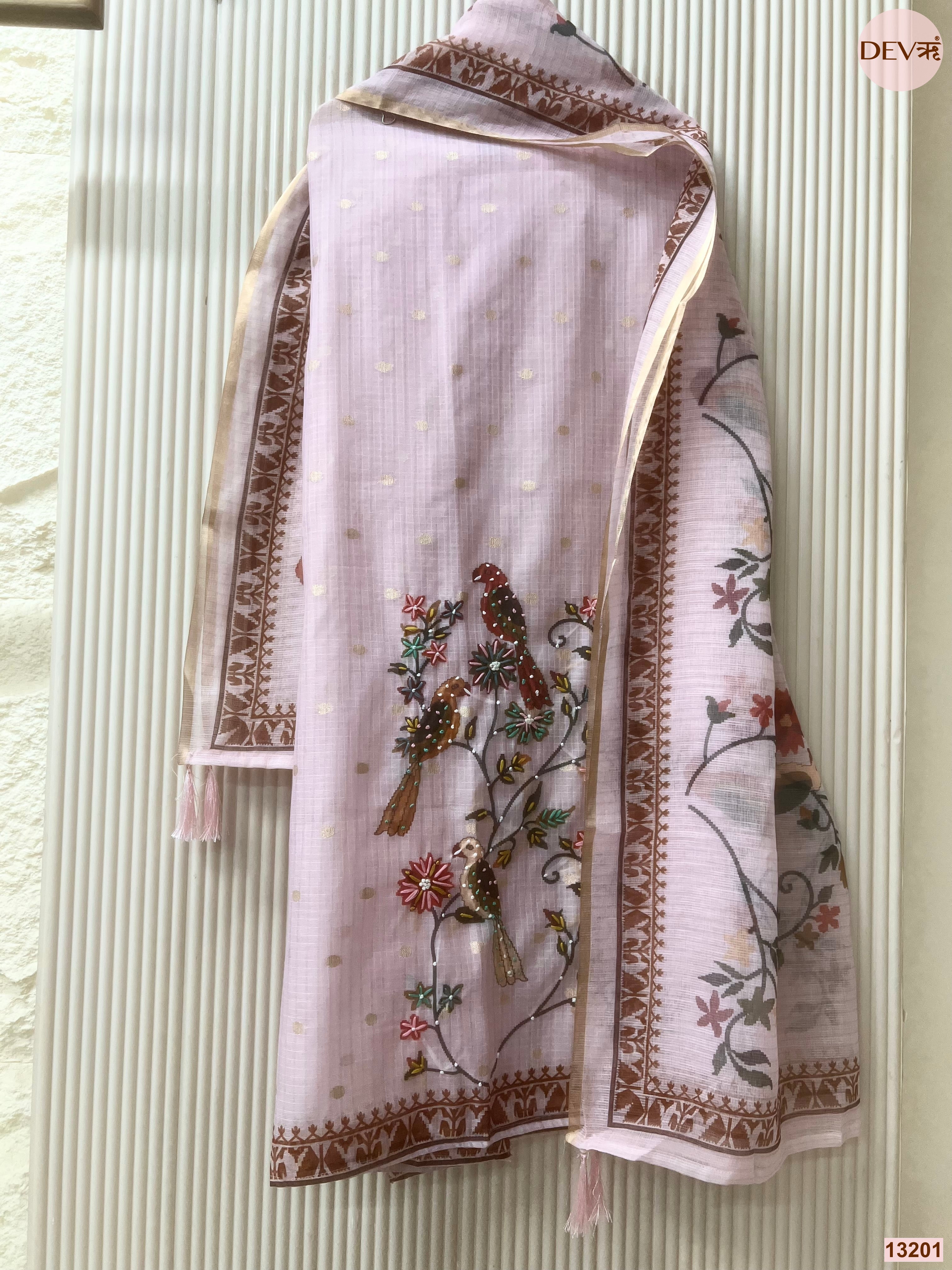 Lavender Kota Embroidered Unstitched 3-Piece Suit (Devri – D.No 13201)