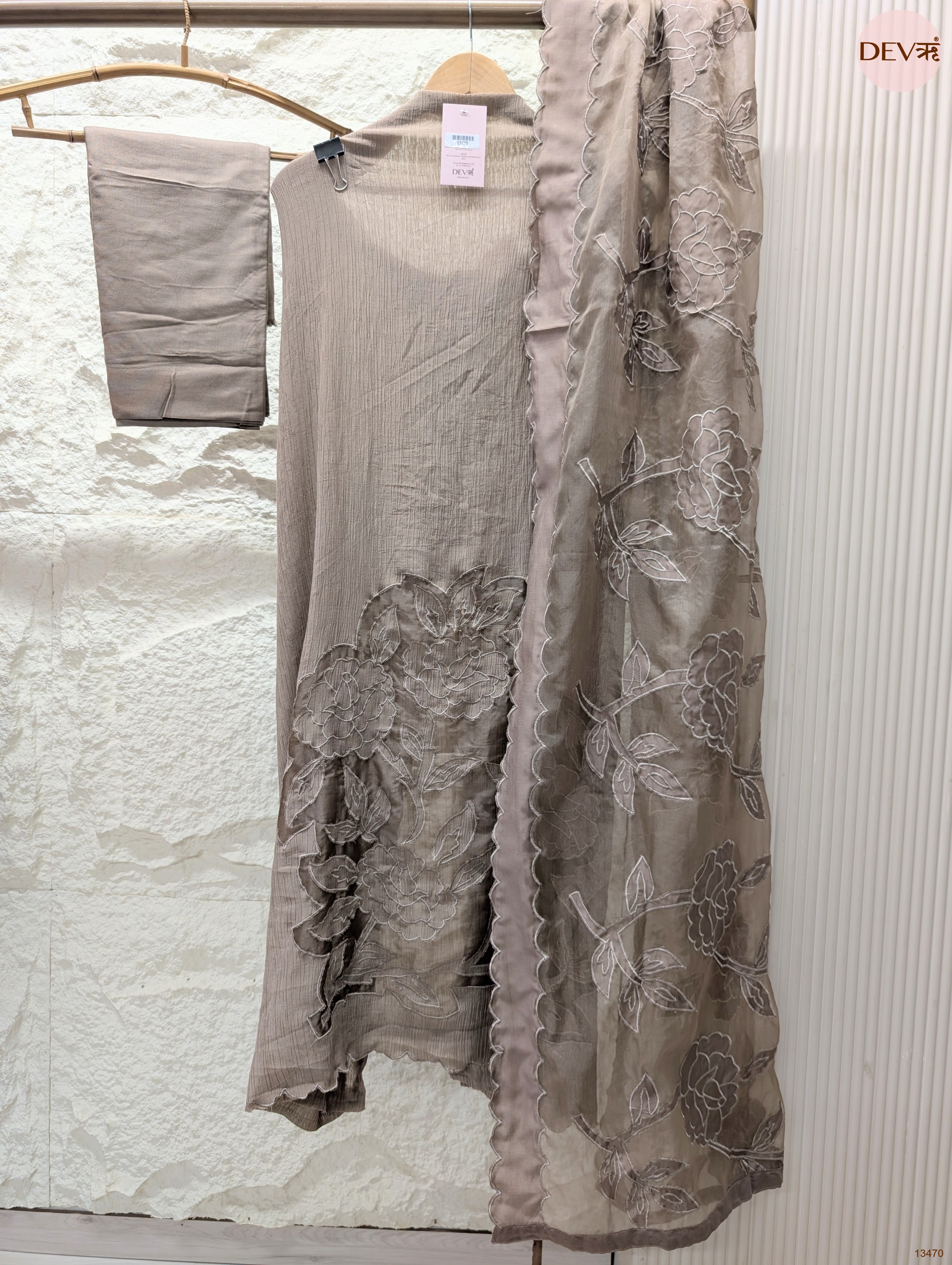 Taupe Mul Crush Embroidered Unstitched 3-Piece Suit (Devri – D.No 13470)