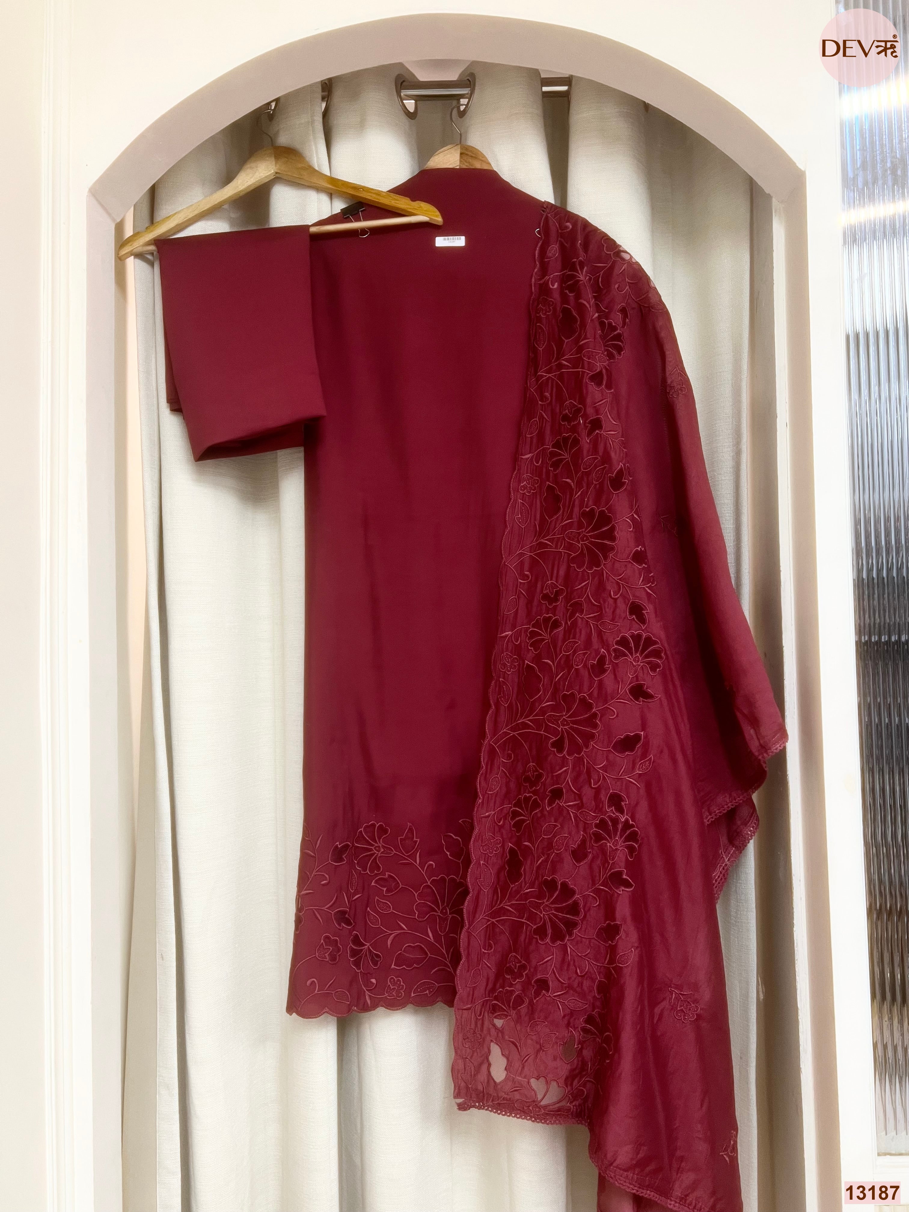 Maroon Roman Silk Embroidered Unstitched 3-Piece Suit (Devri – D.No 13187)