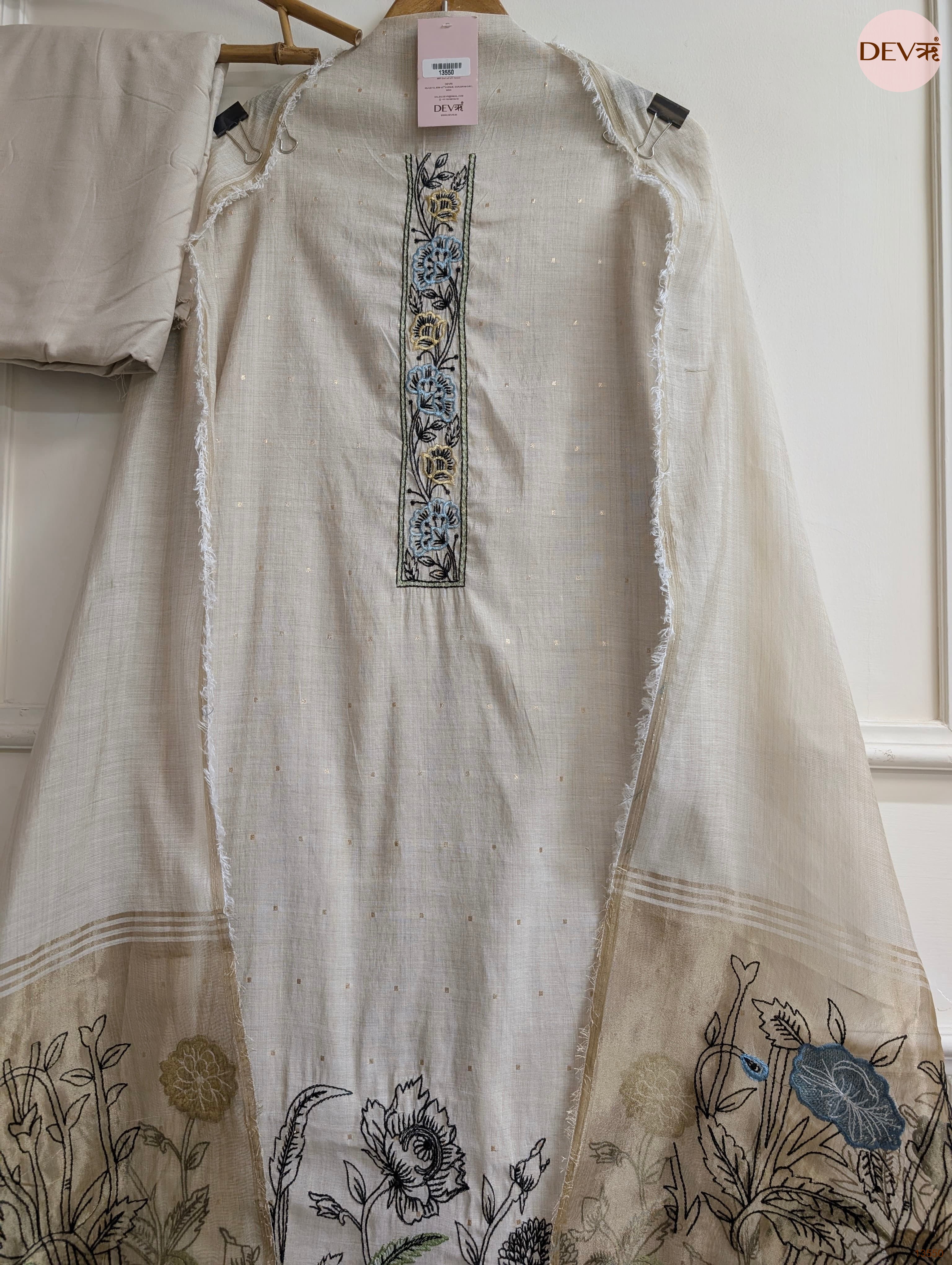 Beige Mul Chanderi Embroidered Unstitched 3-Piece Suit (Devri – D.No 13550)