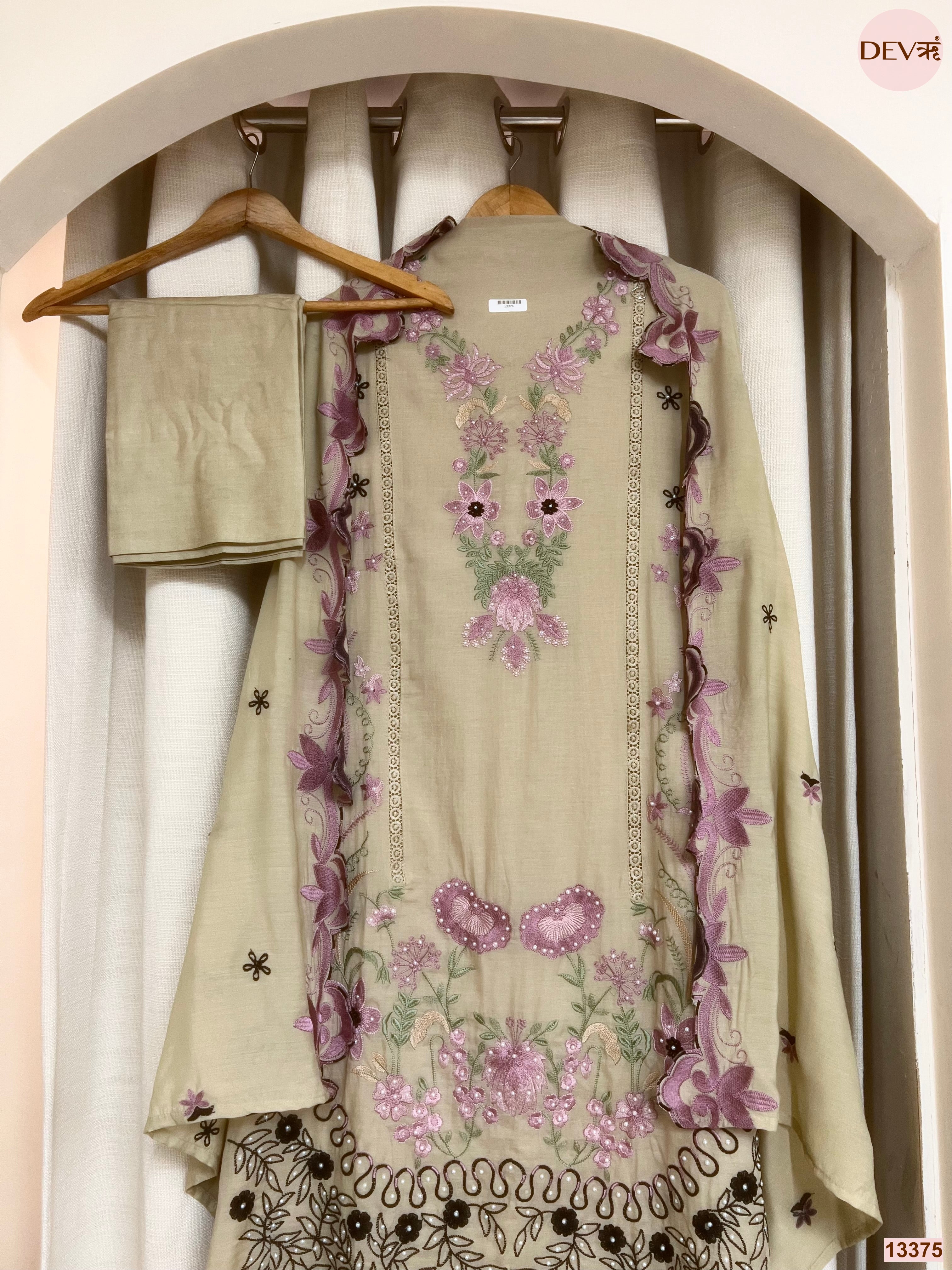 Beige Mul Cotton Embroidered Unstitched 3-Piece Suit (Devri – D.No 13375)
