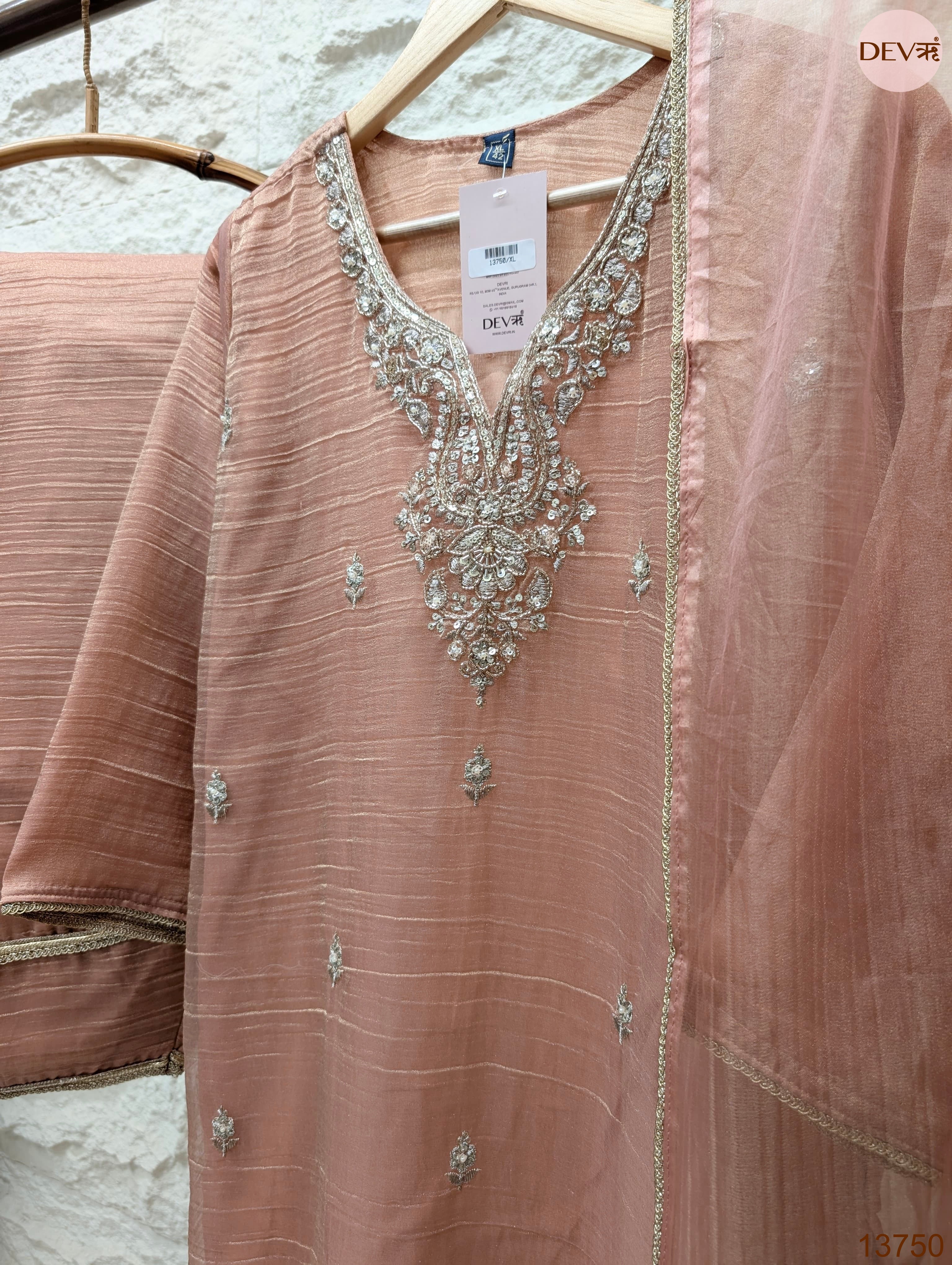 Gulrang Tissue silk blend Embroidered Peach 3-Piece Set (Devri – D.No 13750)