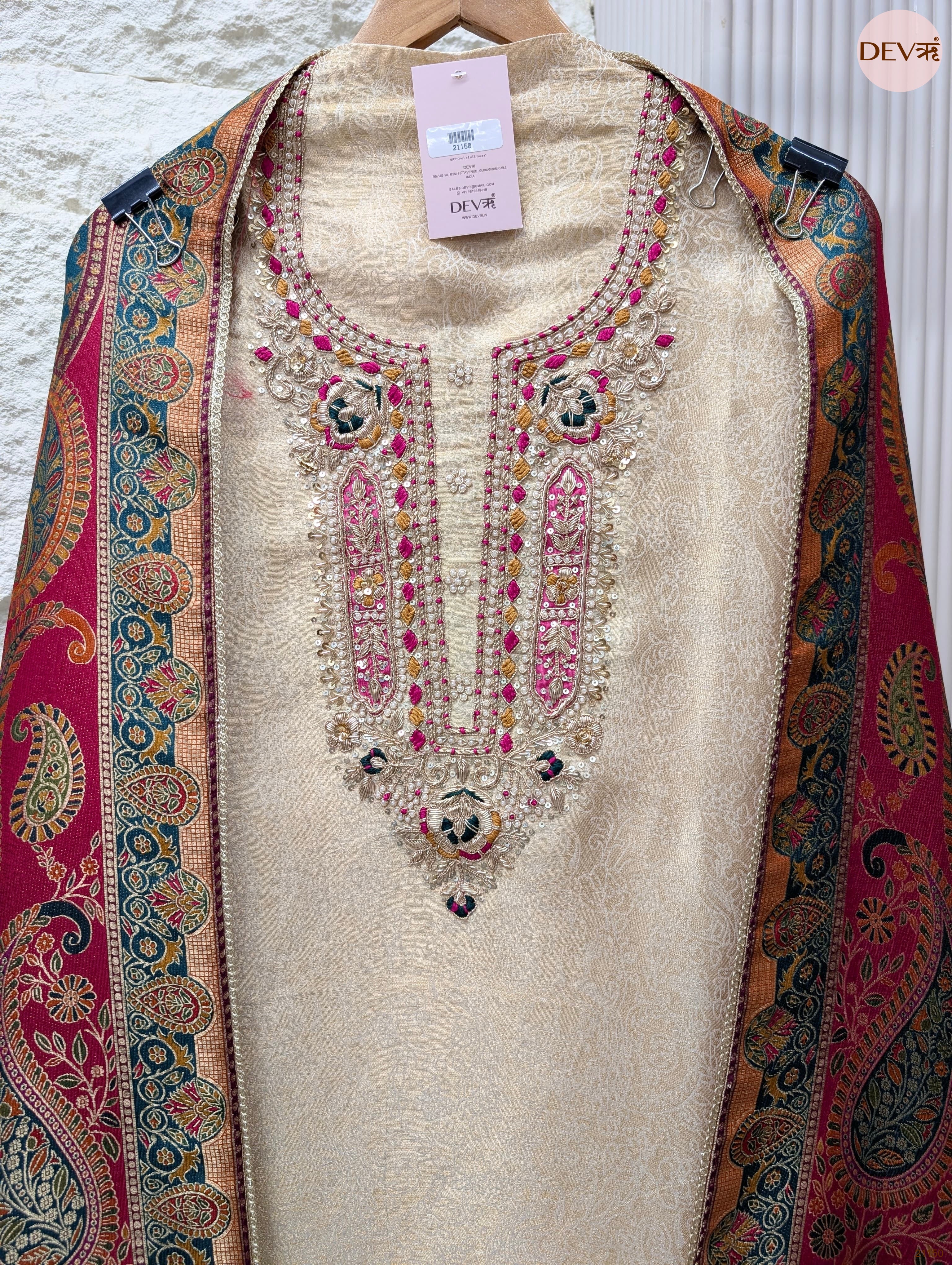 Cream Pure Banarasi Woven Silk Embroidered Unstitched 3-Piece Suit (Devri – D.No 21150)