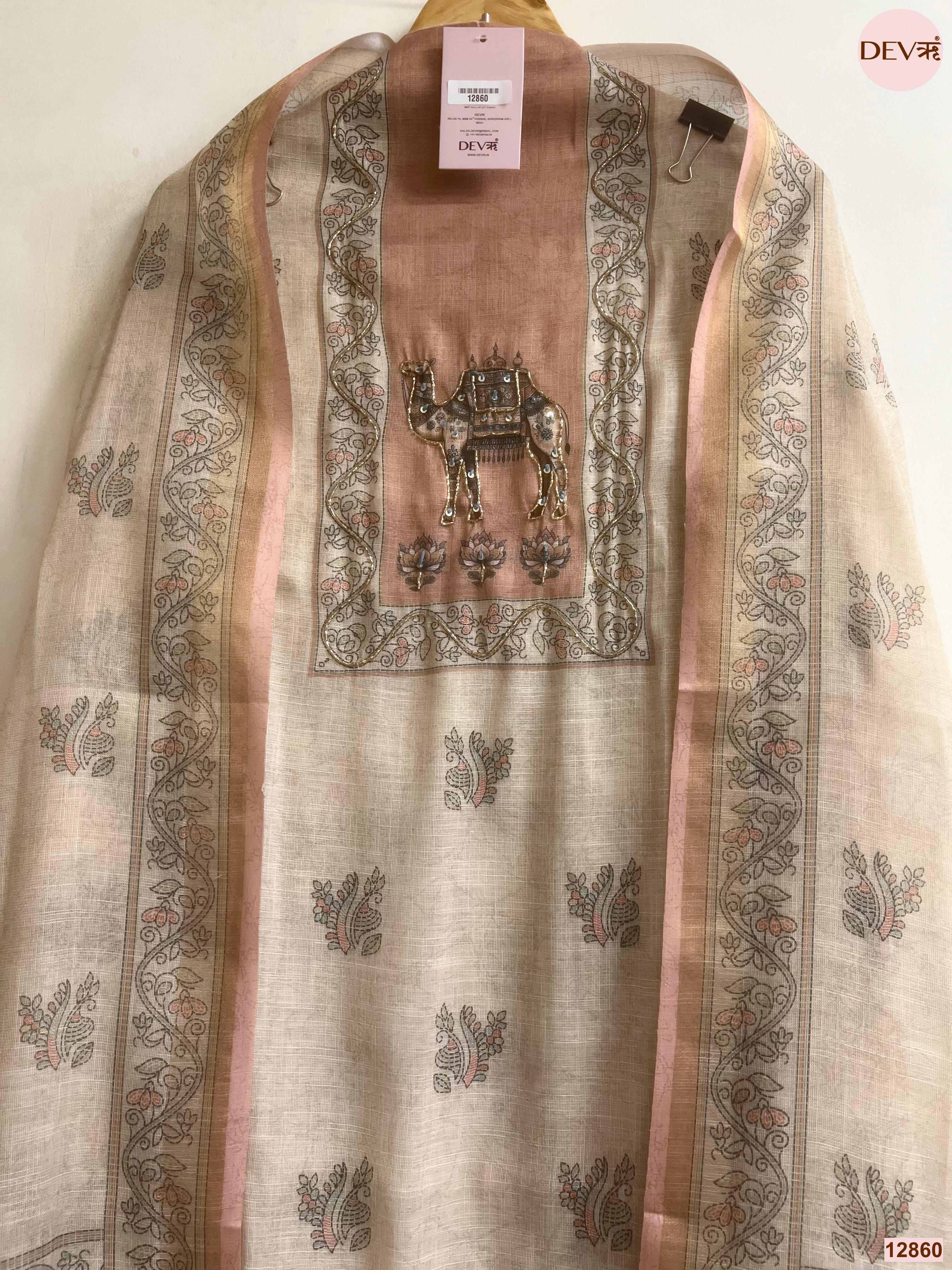 Beige Linen Cotton Printed Unstitched 3-Piece Suit (Devri – D.No 12860)