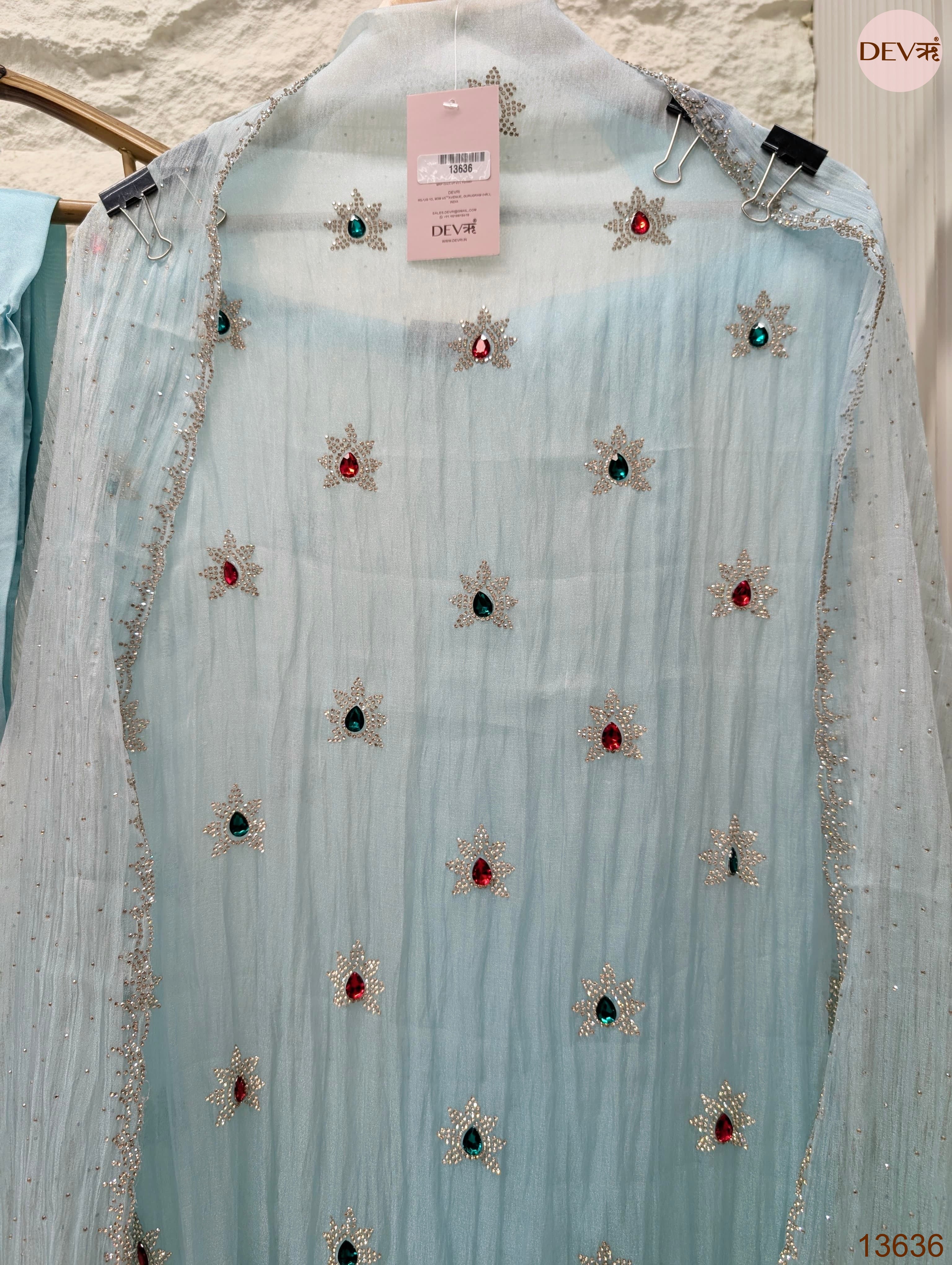 Blue Pure Organza Silk Hand Unstitched 3-Piece Suit (Devri – D.No 13636)