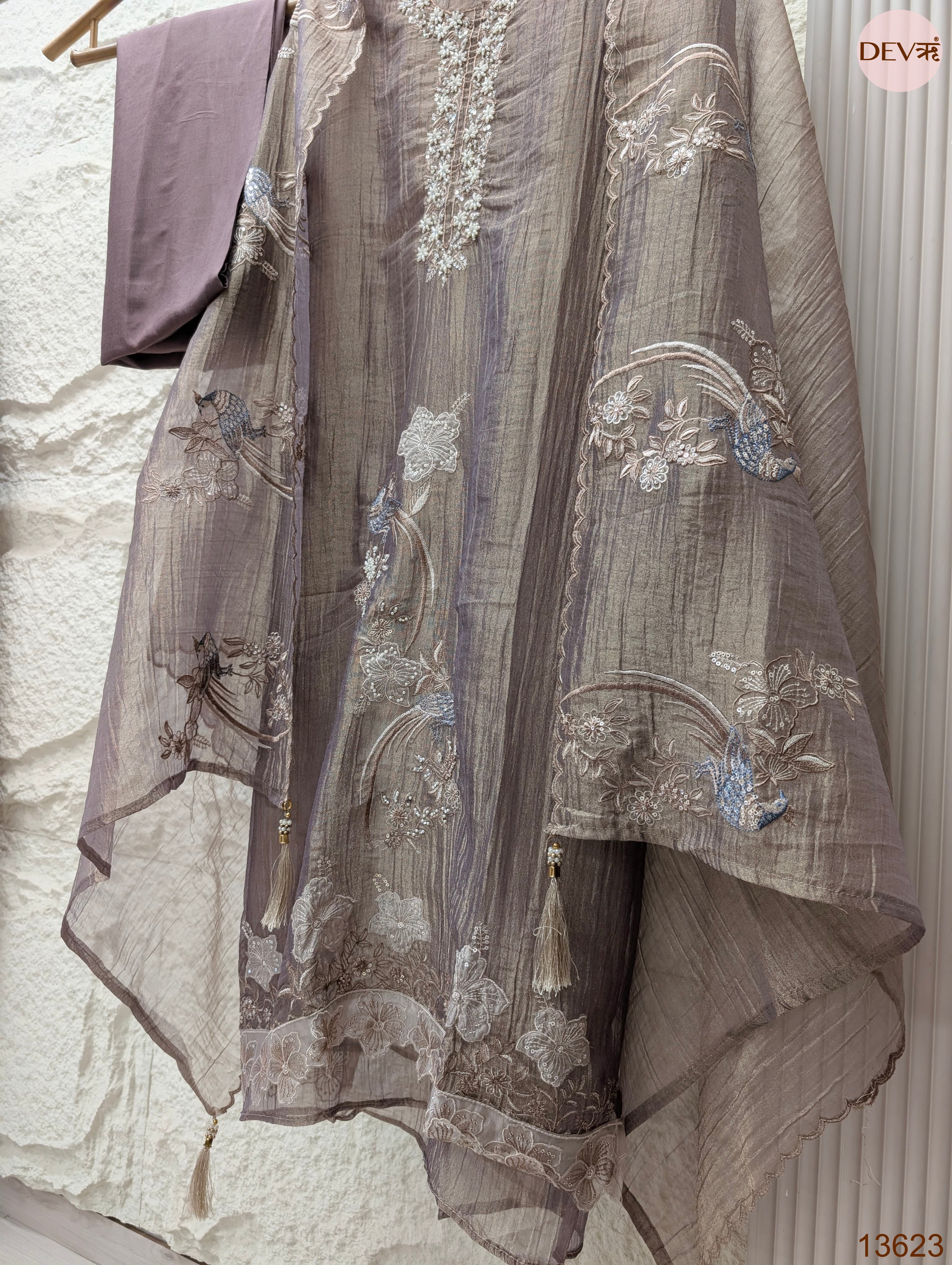 Mauve Tissue Crush Silk Embroidered Unstitched 3-Piece Suit (Devri – D.No 13623)