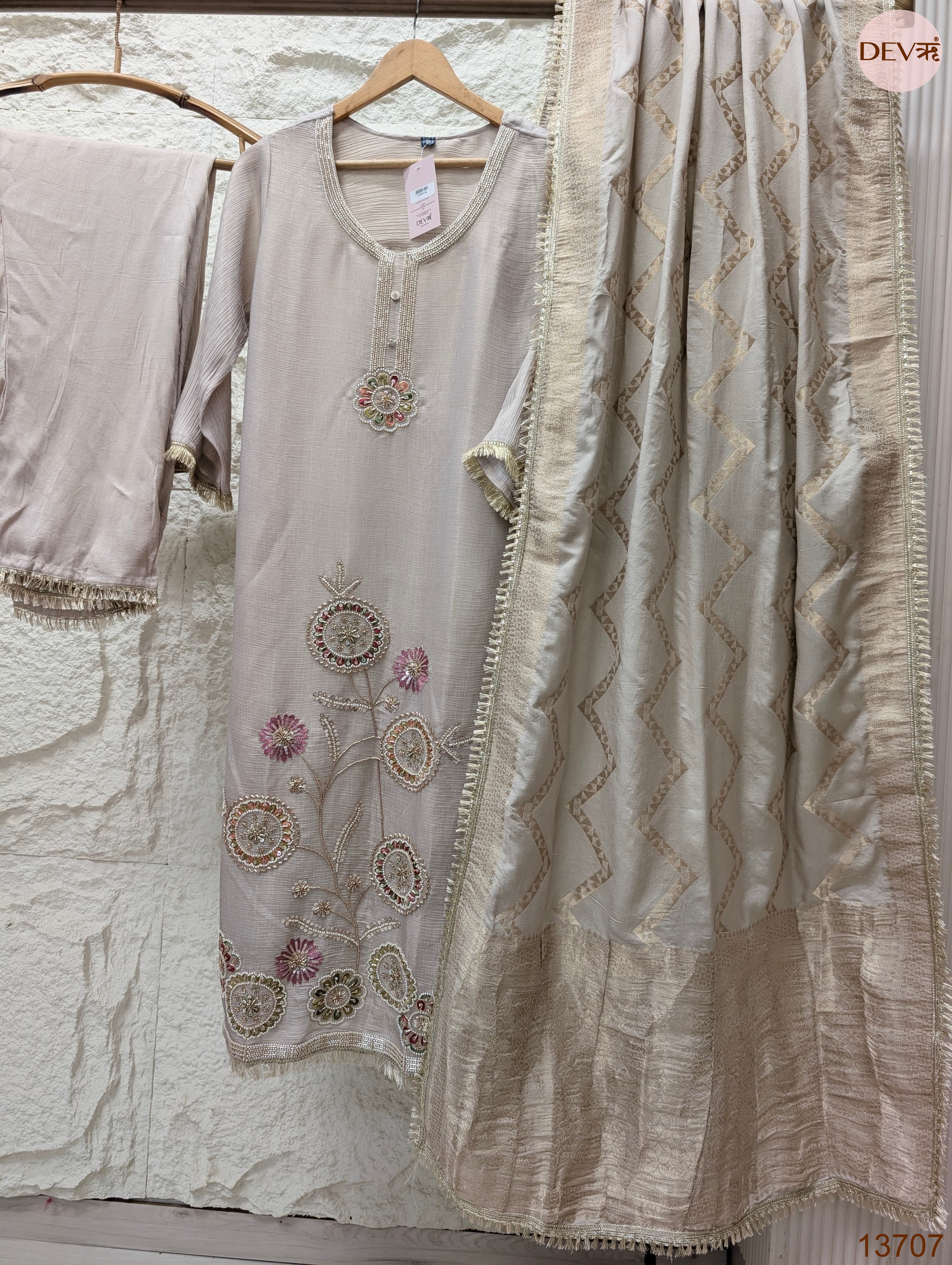 Gulnaar Tissue silk blend Embroidered Beige 3-Piece Set (Devri – D.No 13707)
