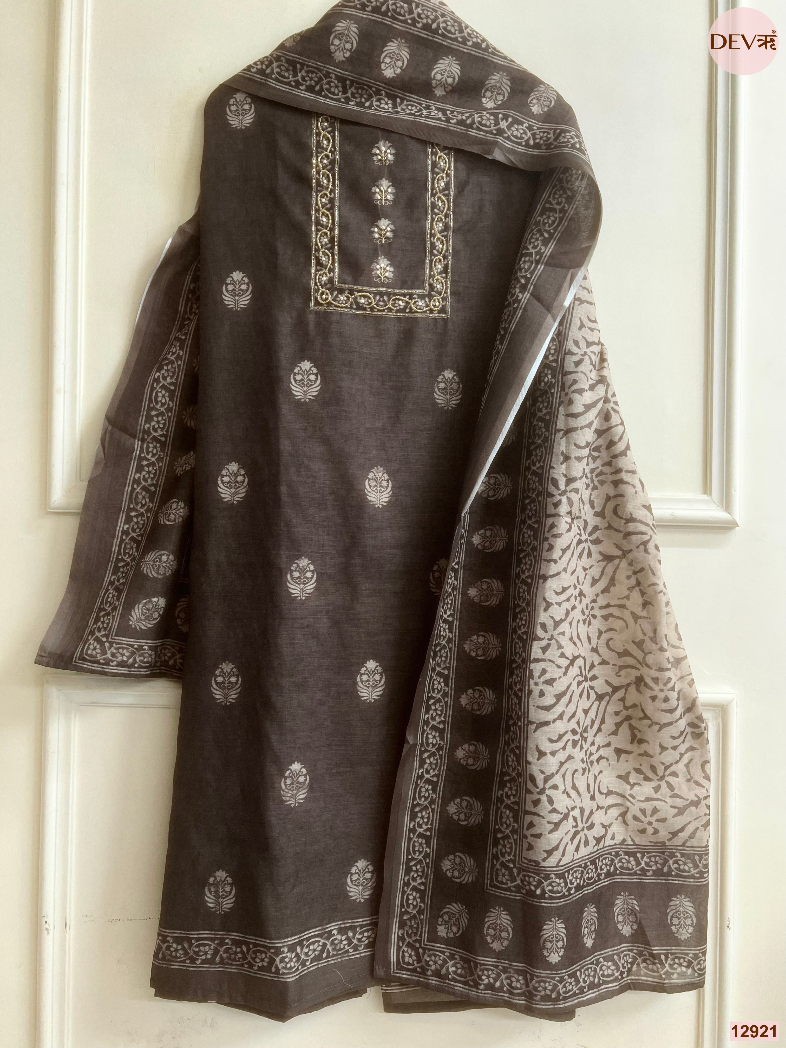 Black Linen Cotton Printed Unstitched 3-Piece Suit (Devri – D.No 12921)