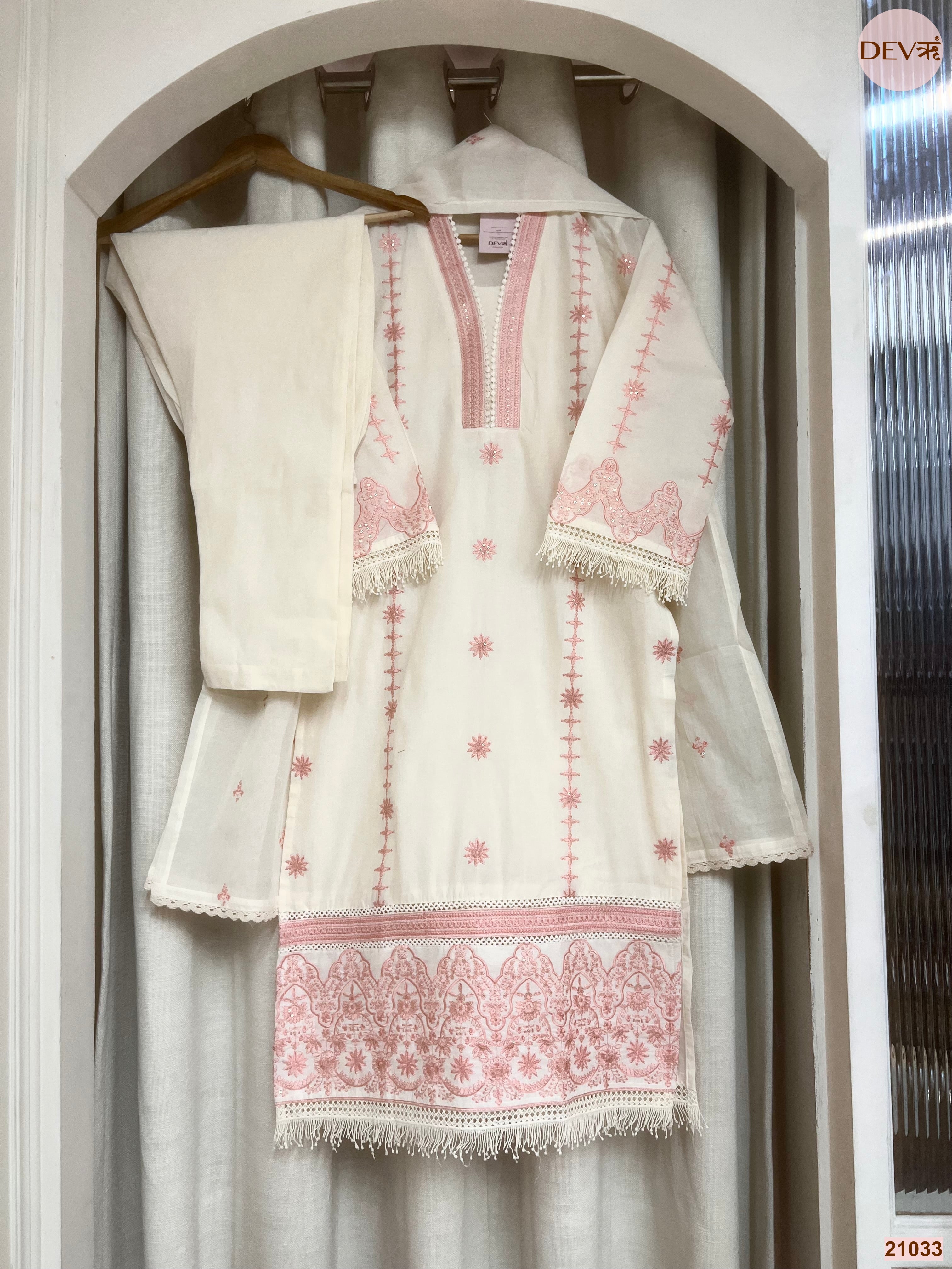 Gulnaar cotton Embroidered Off-White 3-Piece Set (Devri – D.No 21033)