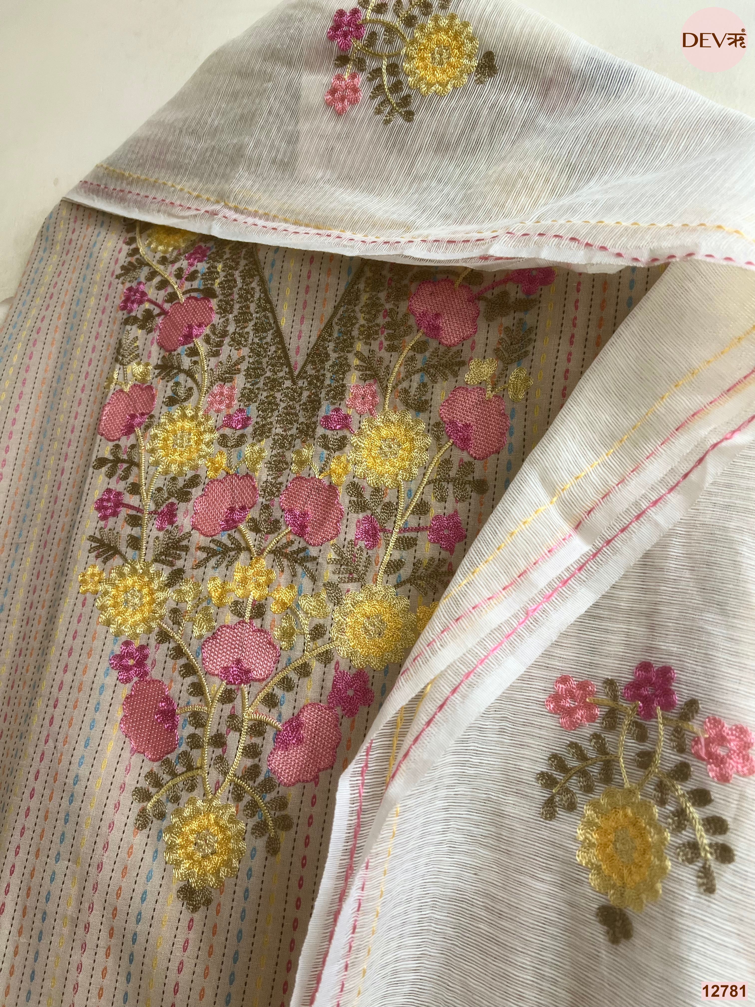 Cream Cotton Handloom Embroidered Unstitched 3-Piece Suit (Devri – D.No 12781)