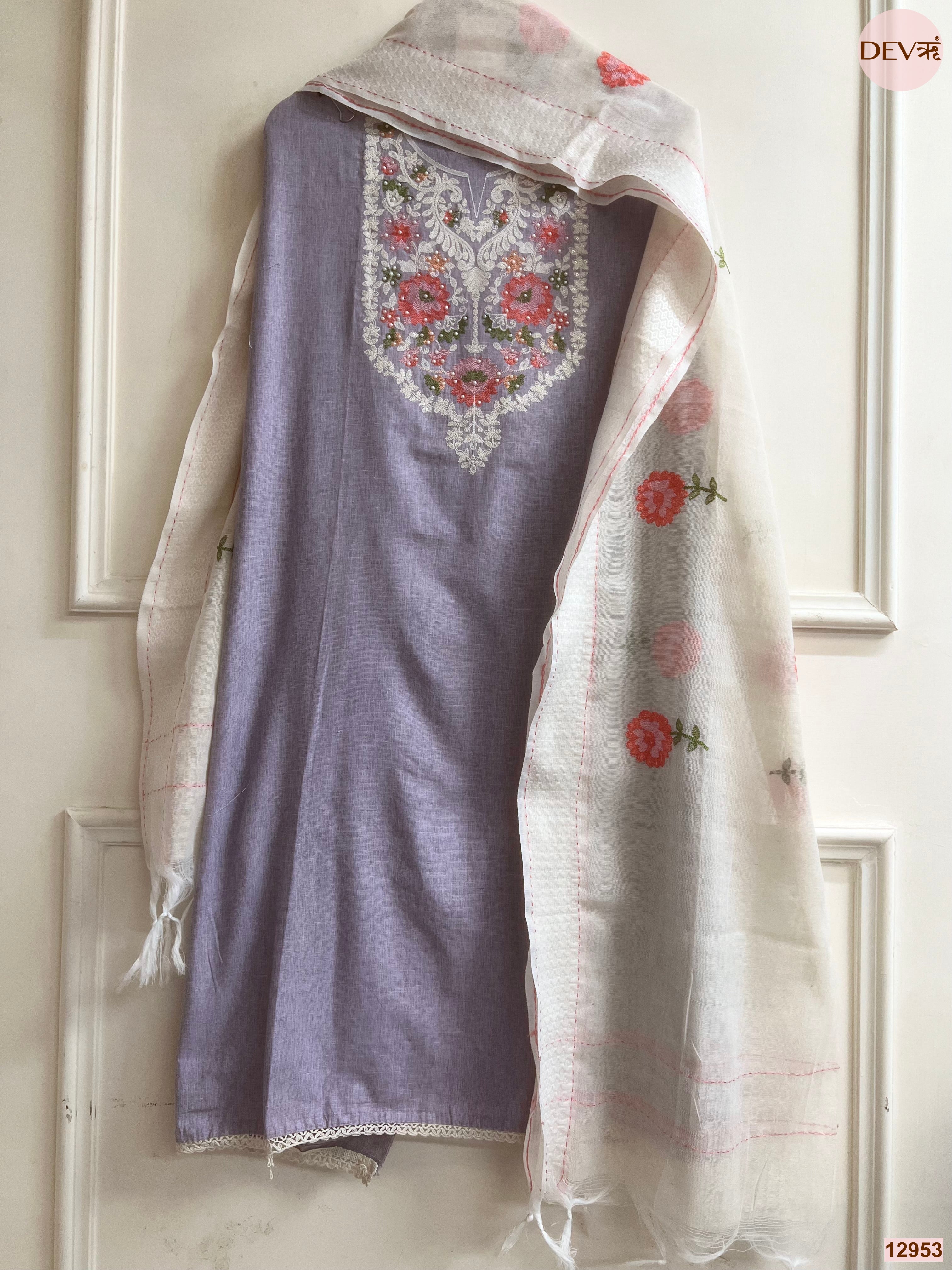 Lavender Cotton Handloom Embroidered Unstitched 3-Piece Suit (Devri – D.No 12953)