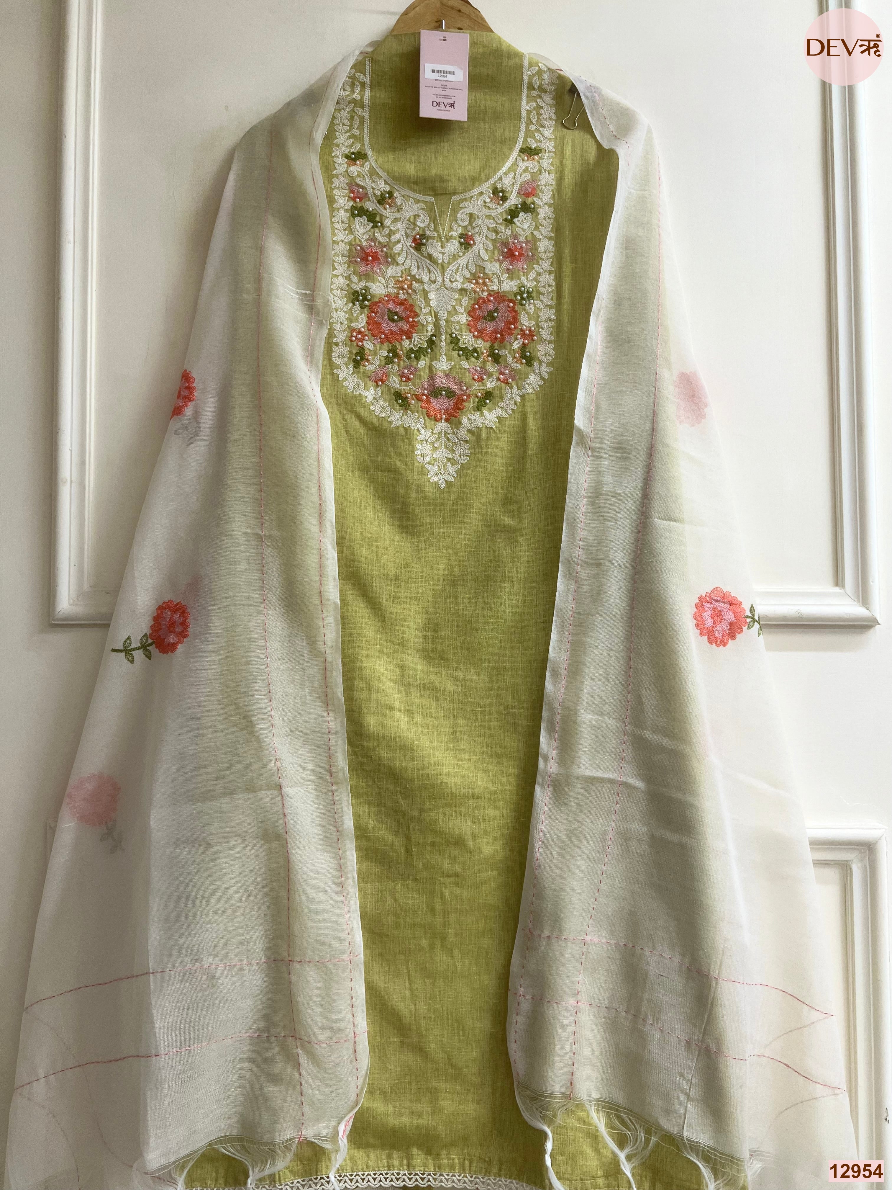 Olive Cotton Handloom Embroidered Unstitched 3-Piece Suit (Devri – D.No 12954)