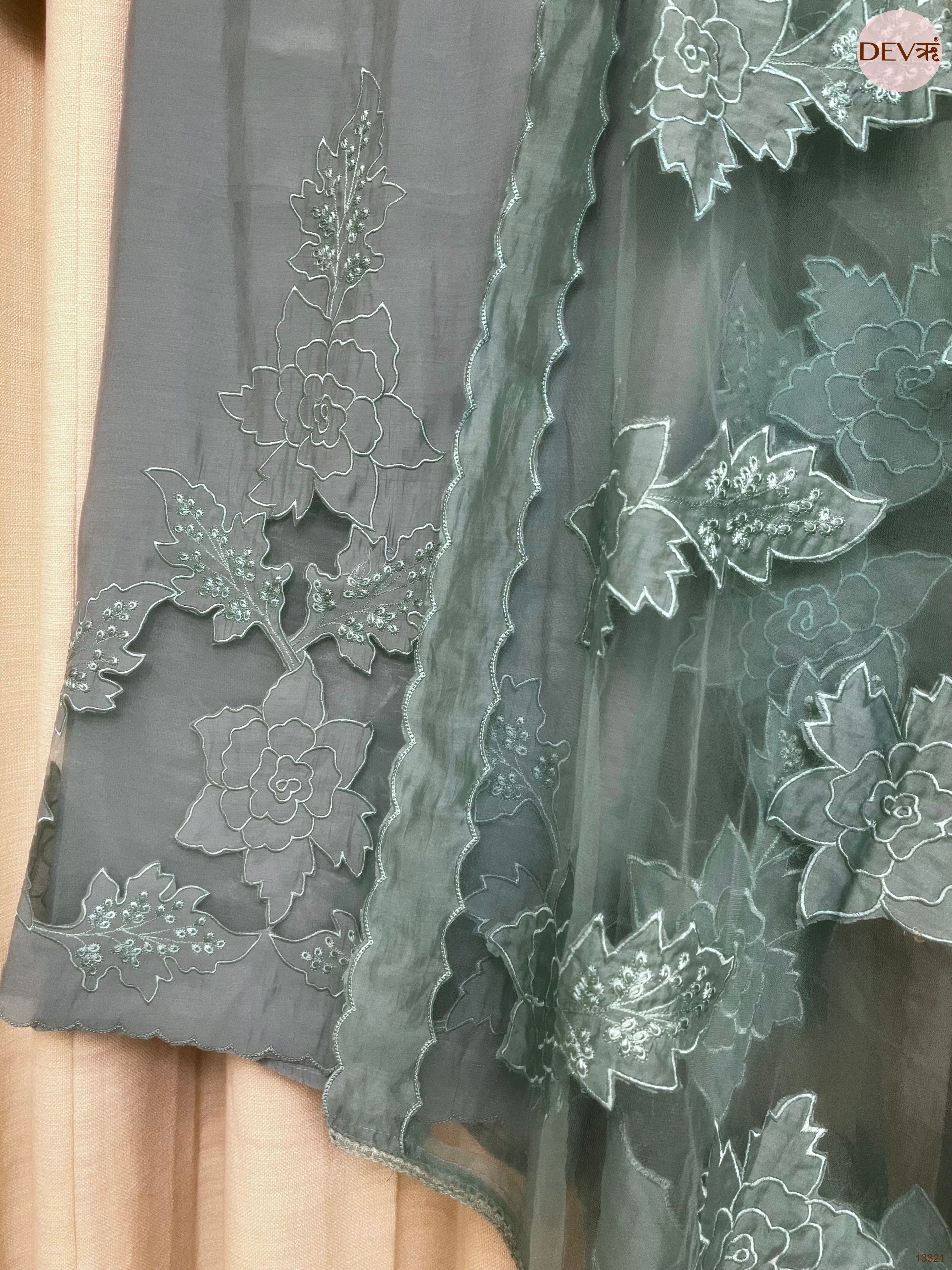 Teal Mul chanderi Embroidered Unstitched 3-Piece Suit (Devri – D.No 13321)