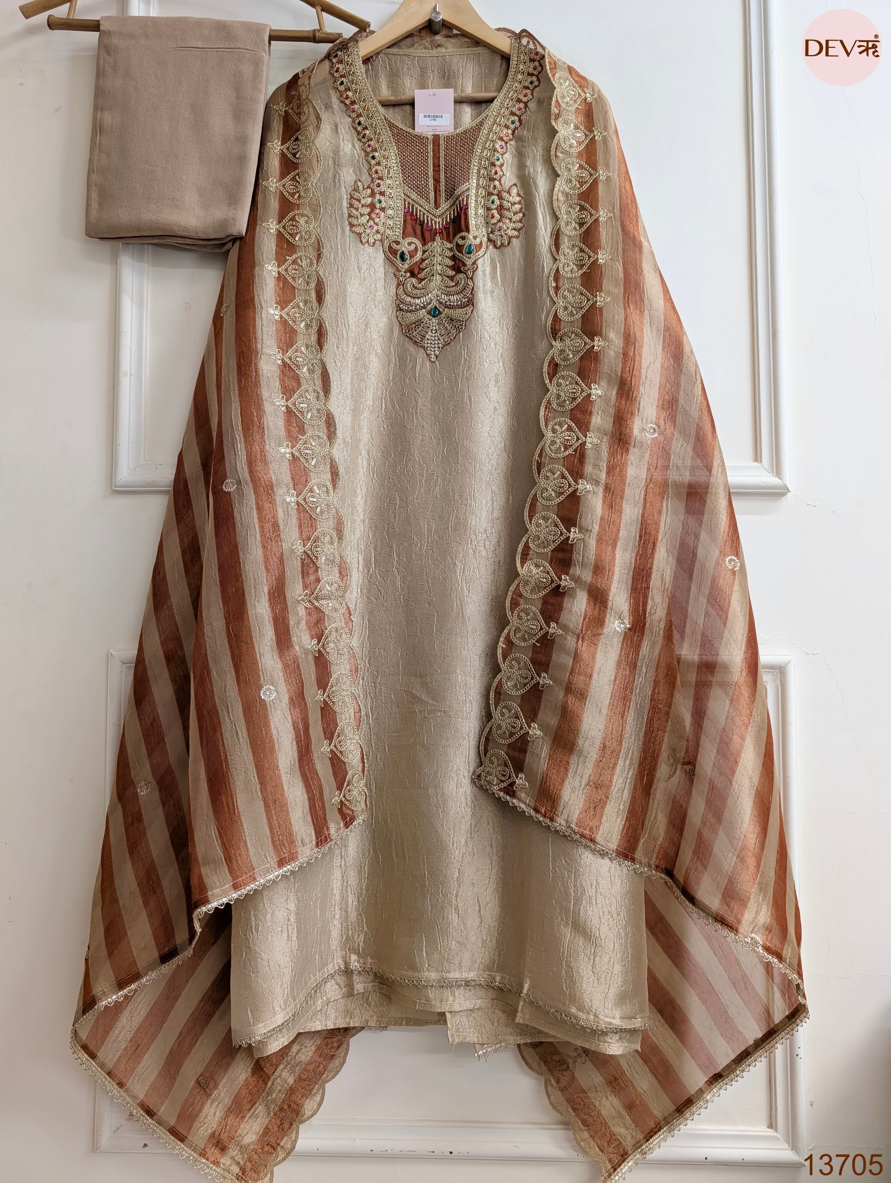 Beige Pure Tissue Silk Embroidered Unstitched 3-Piece Suit (Devri – D.No 13705)