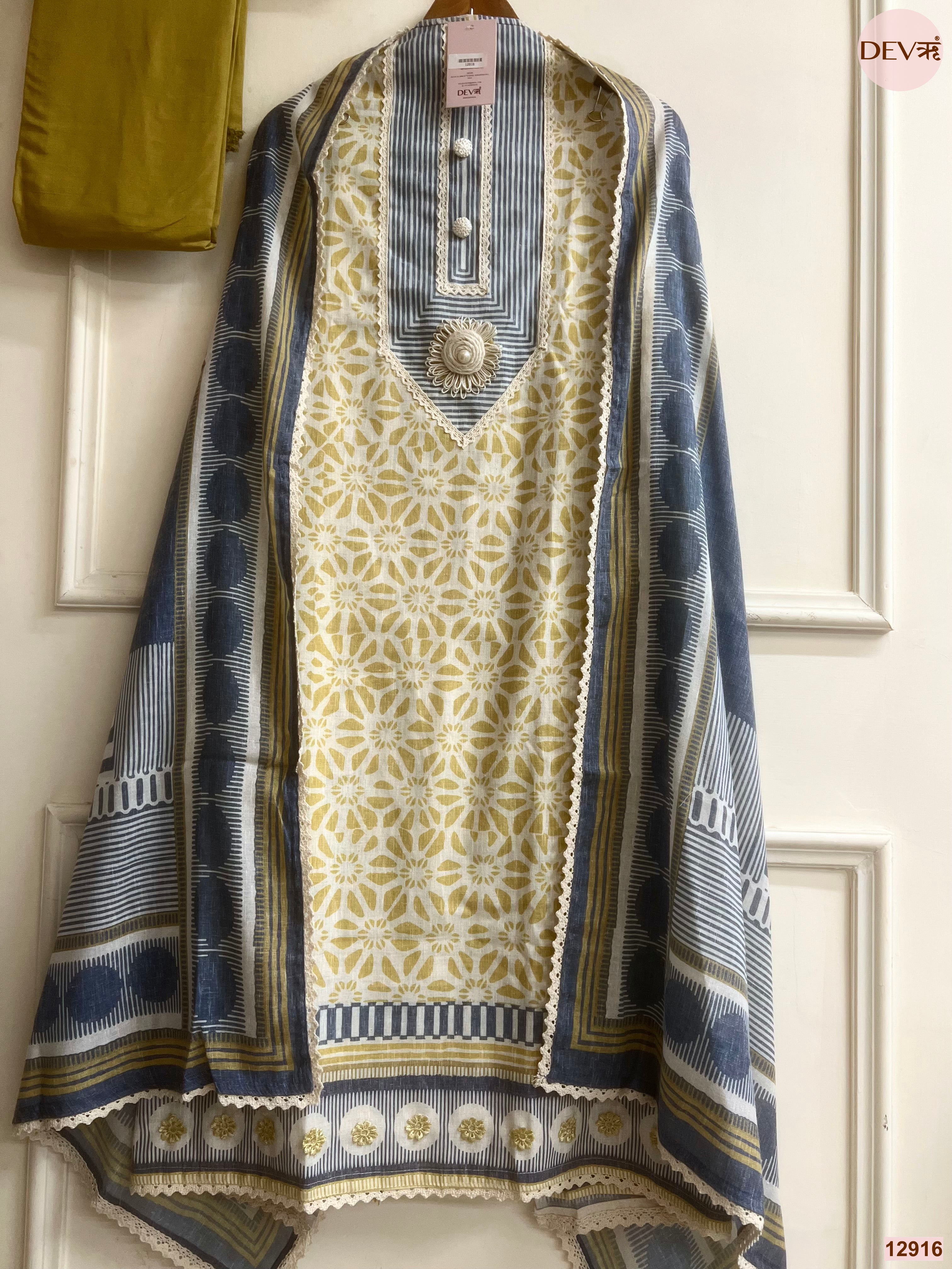Mustard Cotton Khadi Printed Unstitched 3-Piece Suit (Devri – D.No 12916)