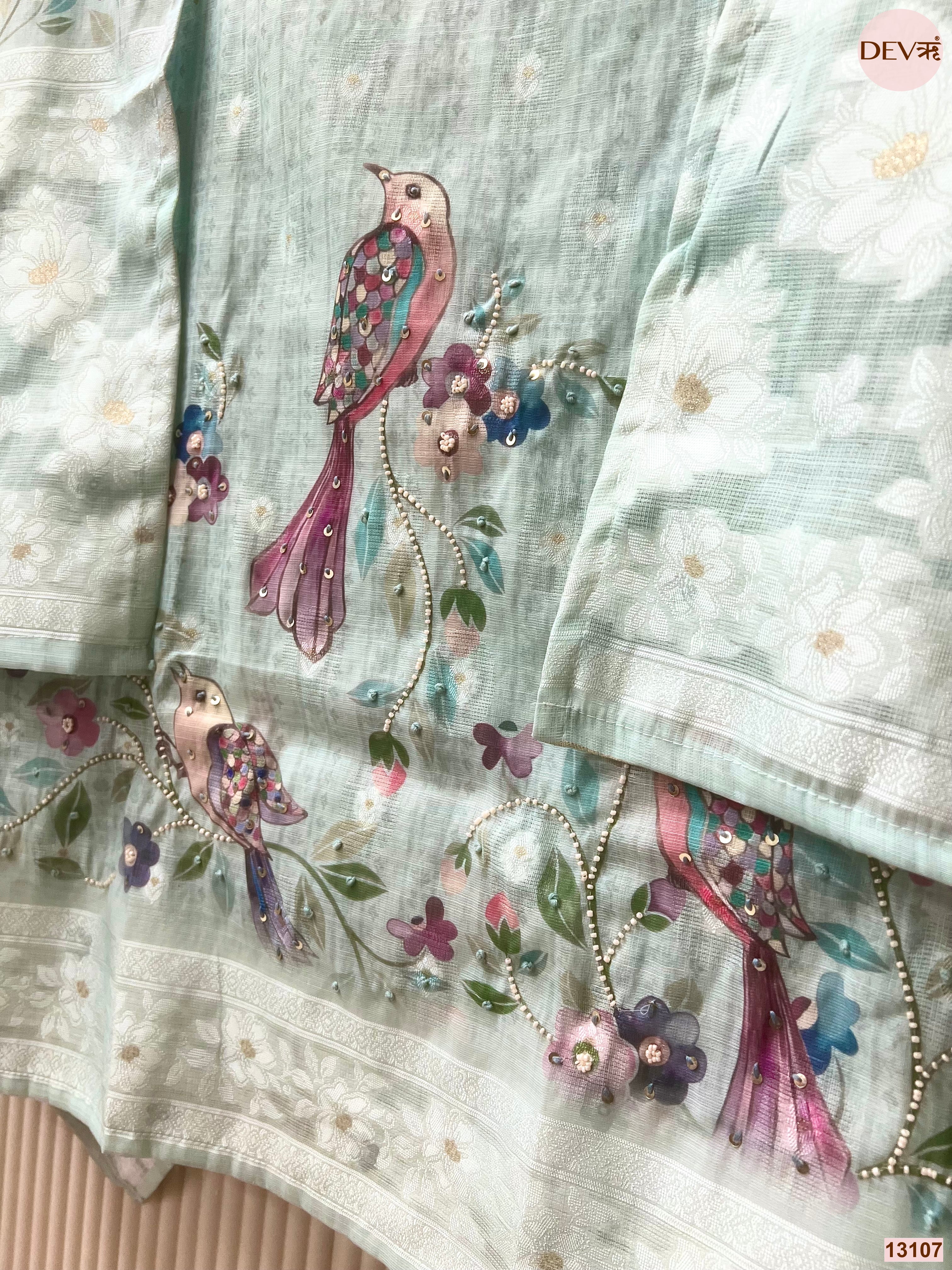 Aqua Linen Cotton Printed Unstitched 3-Piece Suit (Devri – D.No 13107)