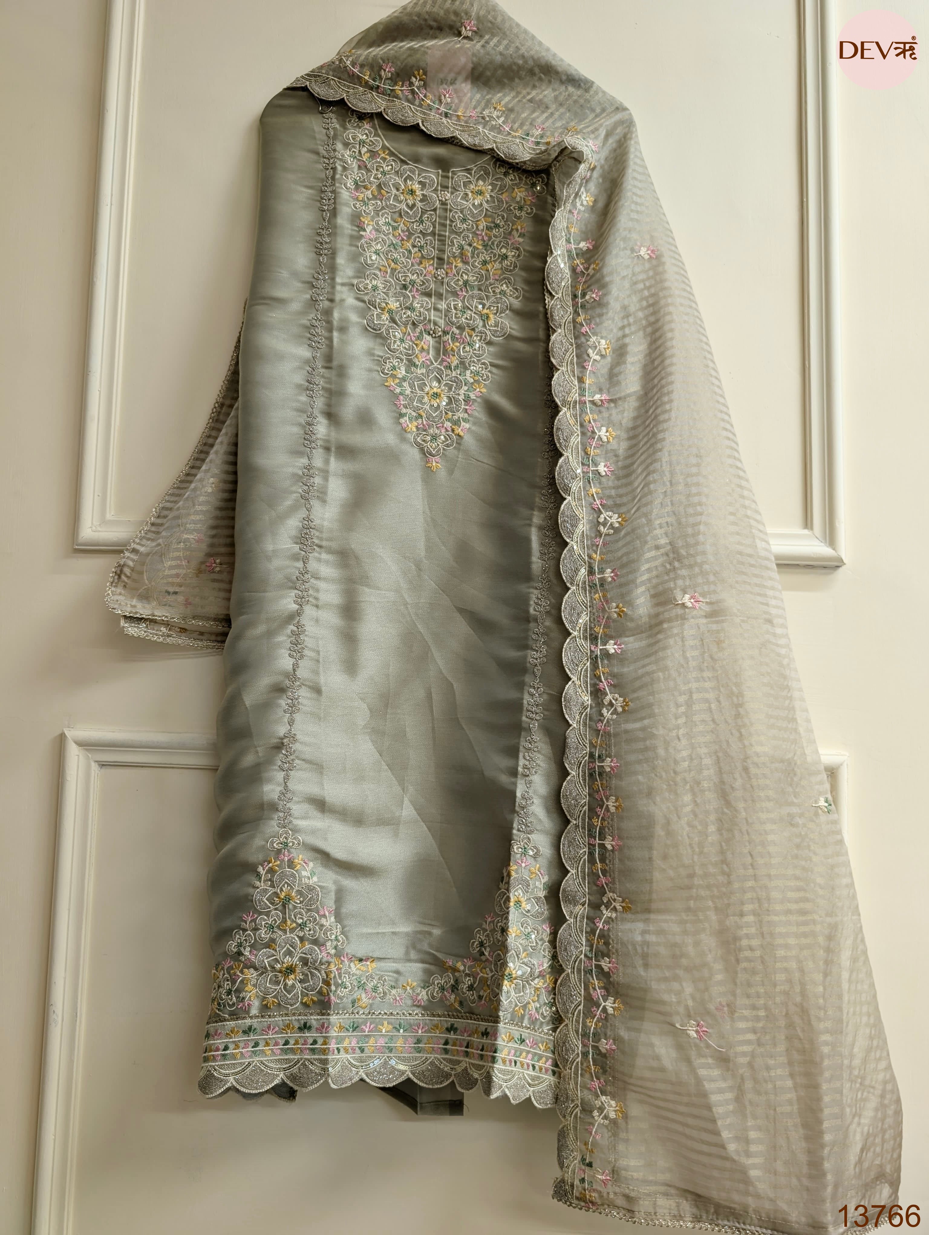 Grey Tissue Silk Embroidered Unstitched 3-Piece Suit (Devri – D.No 13766)
