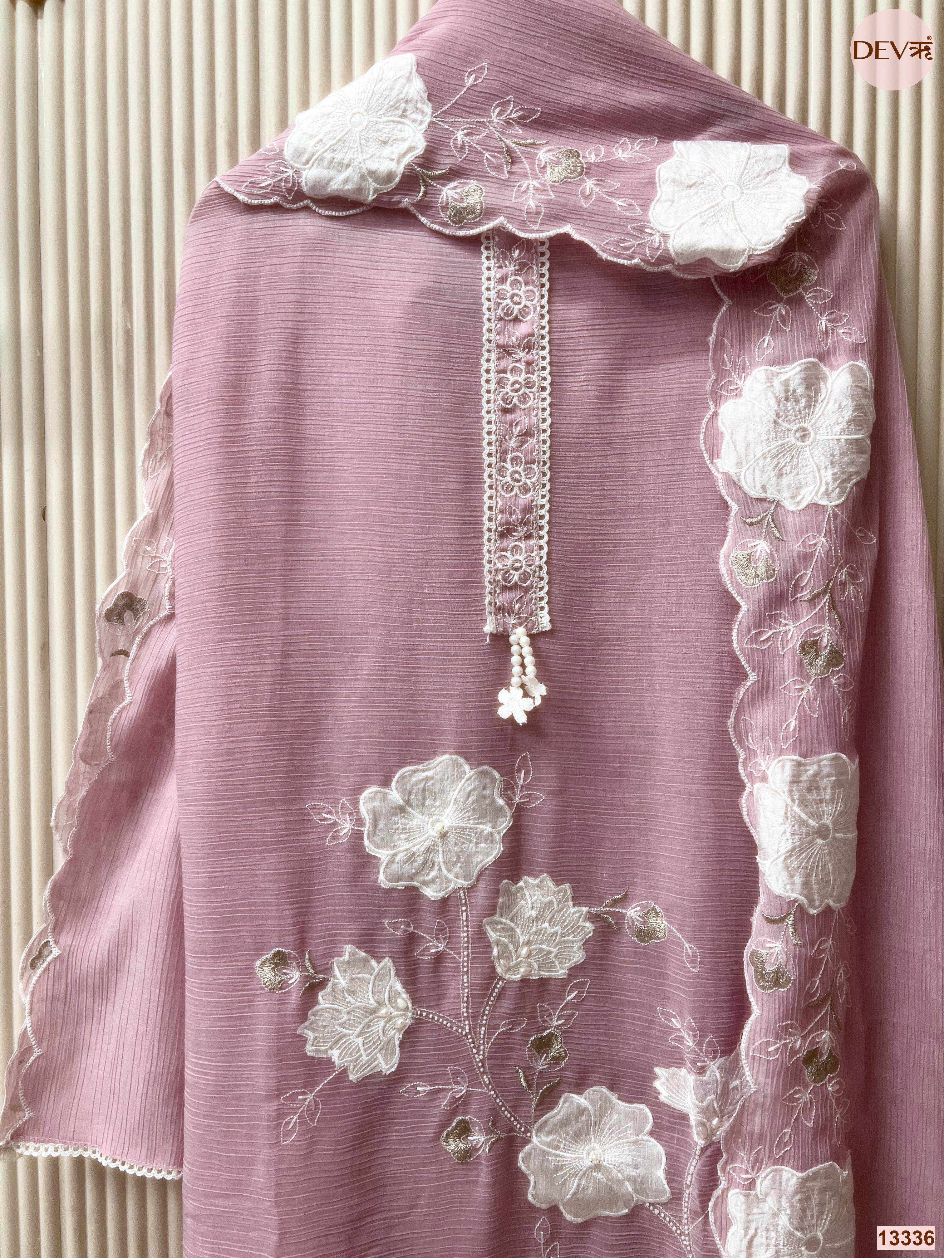 Pink Mul Chanderi Crush Embroidered Unstitched 3-Piece Suit (Devri – D.No 13336)