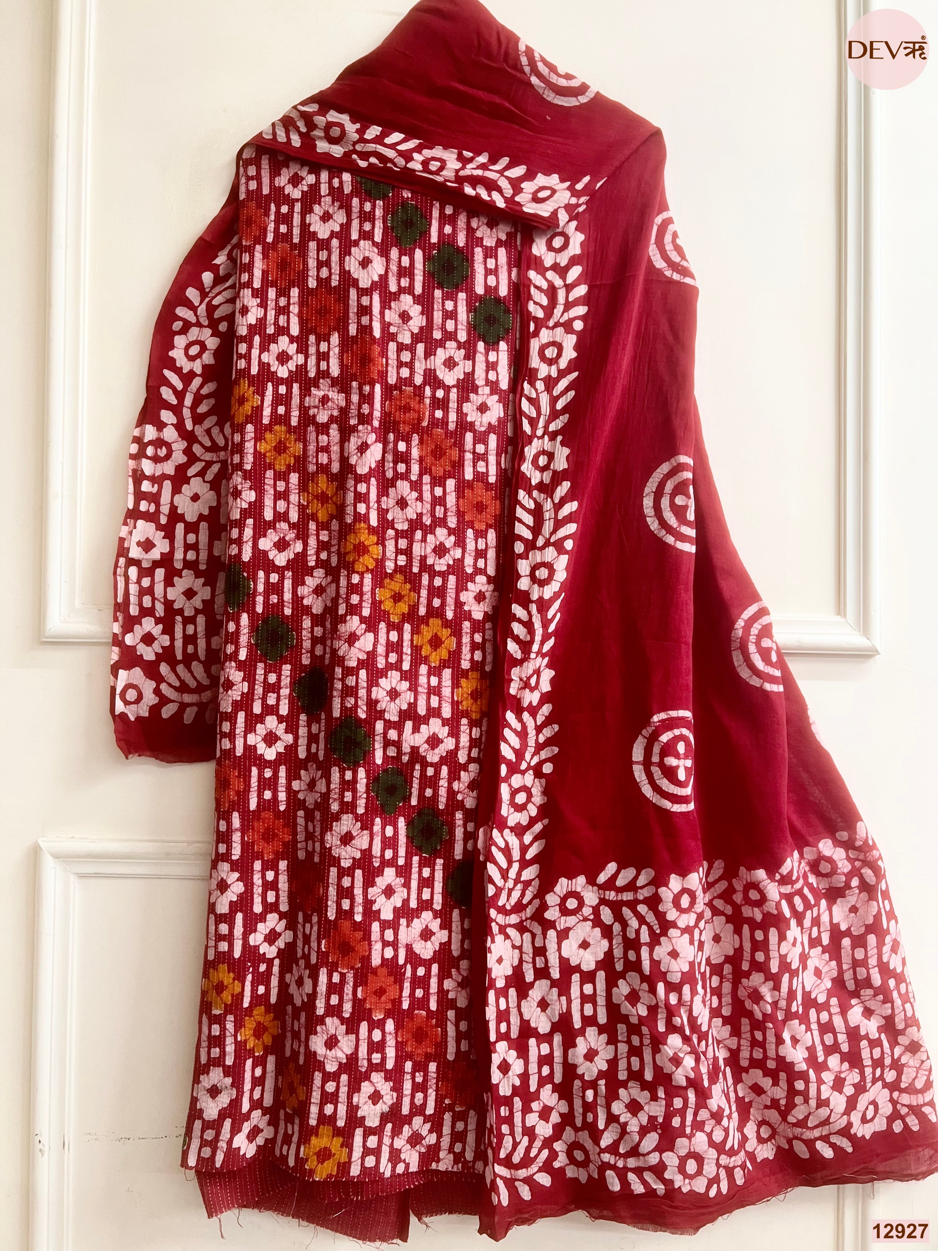 Maroon Cotton Batik Printed Unstitched 3-Piece Suit (Devri – D.No 12927)