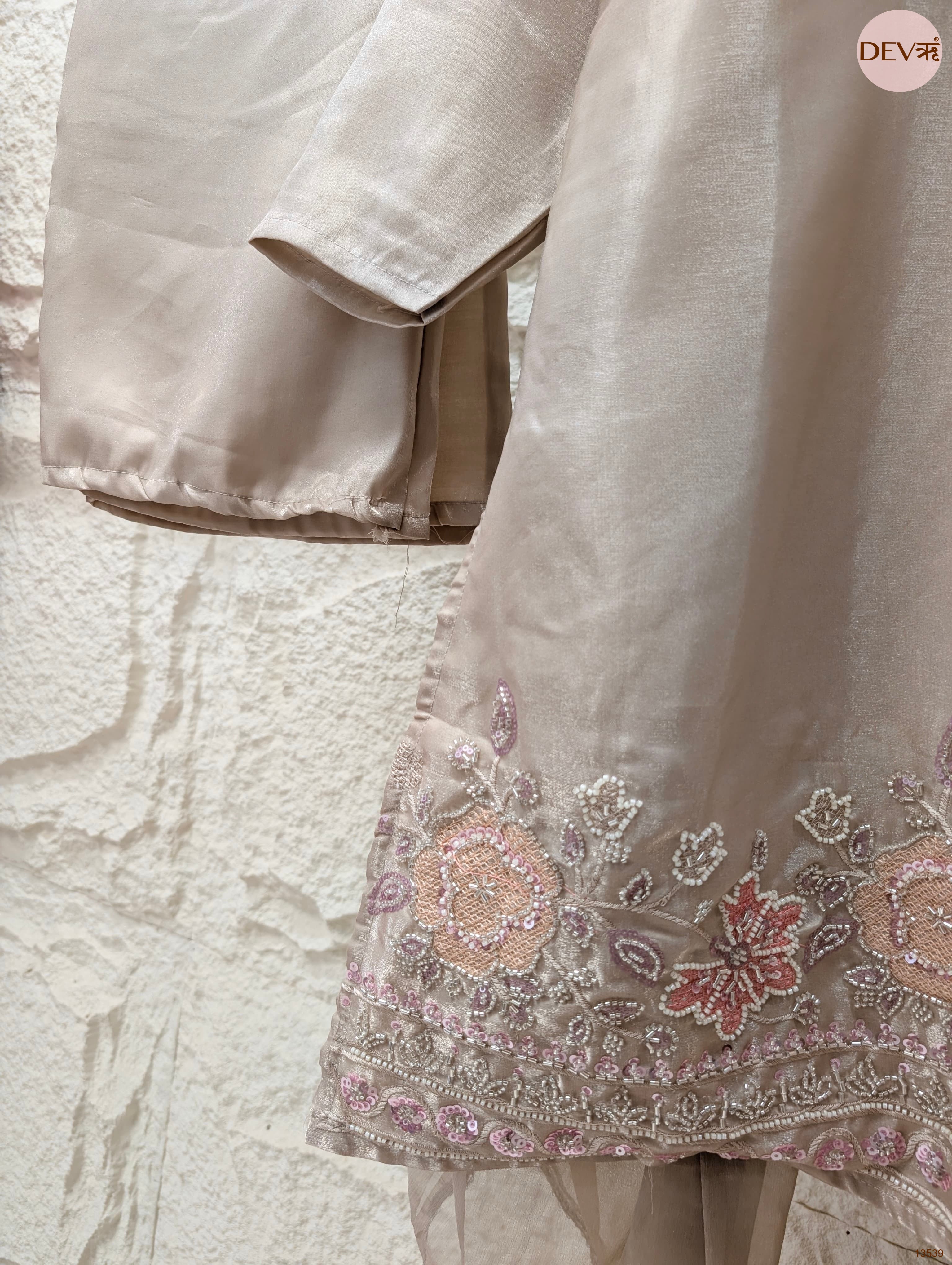 Gulnaar Roman Glass Silk Embroidered Beige 3-Piece Set (Devri – D.No 13539)