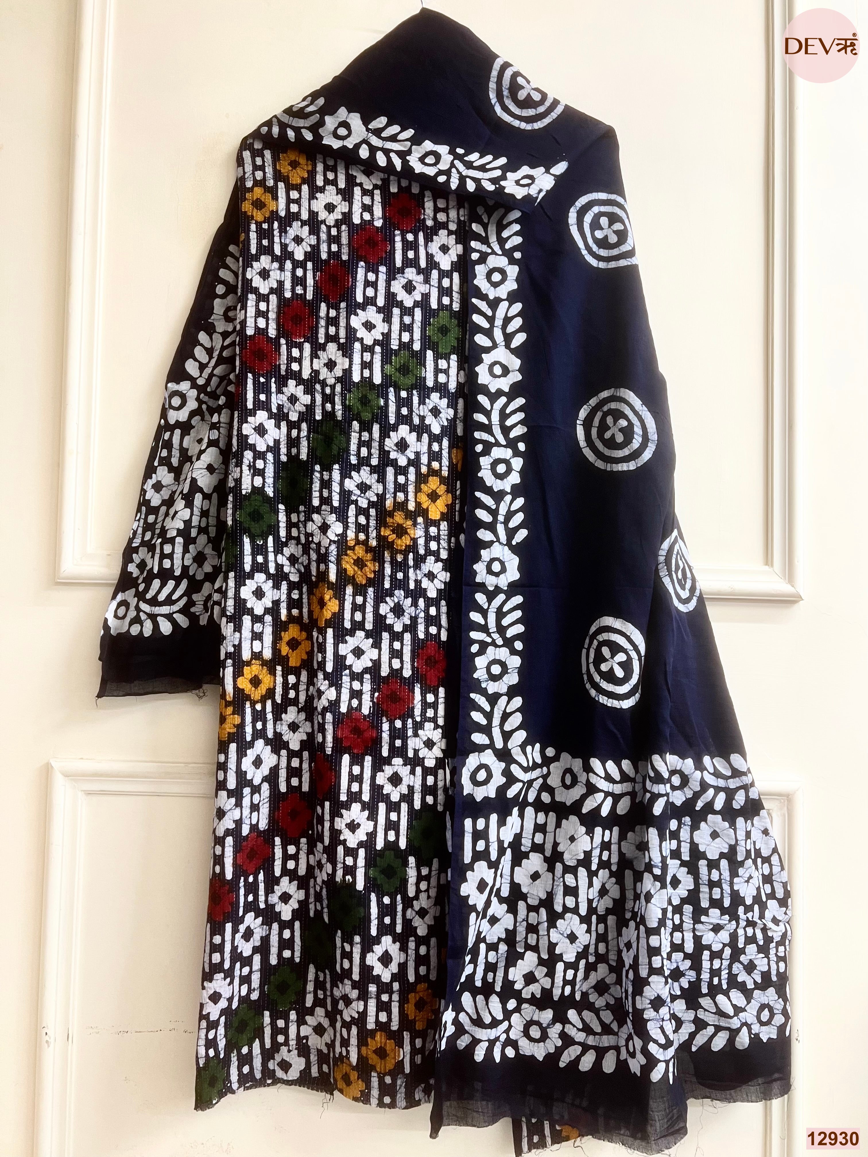 Black Cotton Batik Printed Unstitched 3-Piece Suit (Devri – D.No 12930)