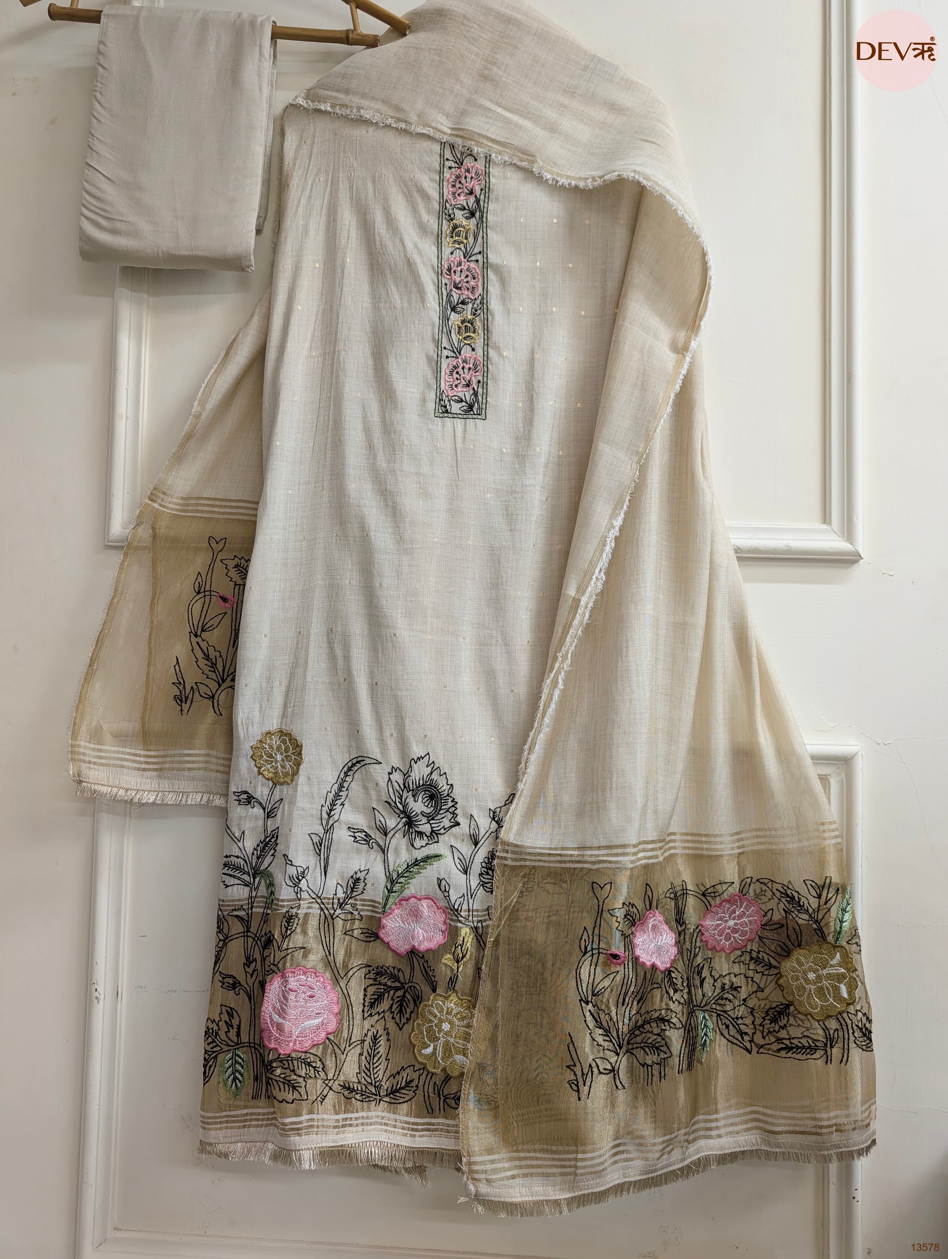 Beige Mul Chanderi Embroidered Unstitched 3-Piece Suit (Devri – D.No 13578)