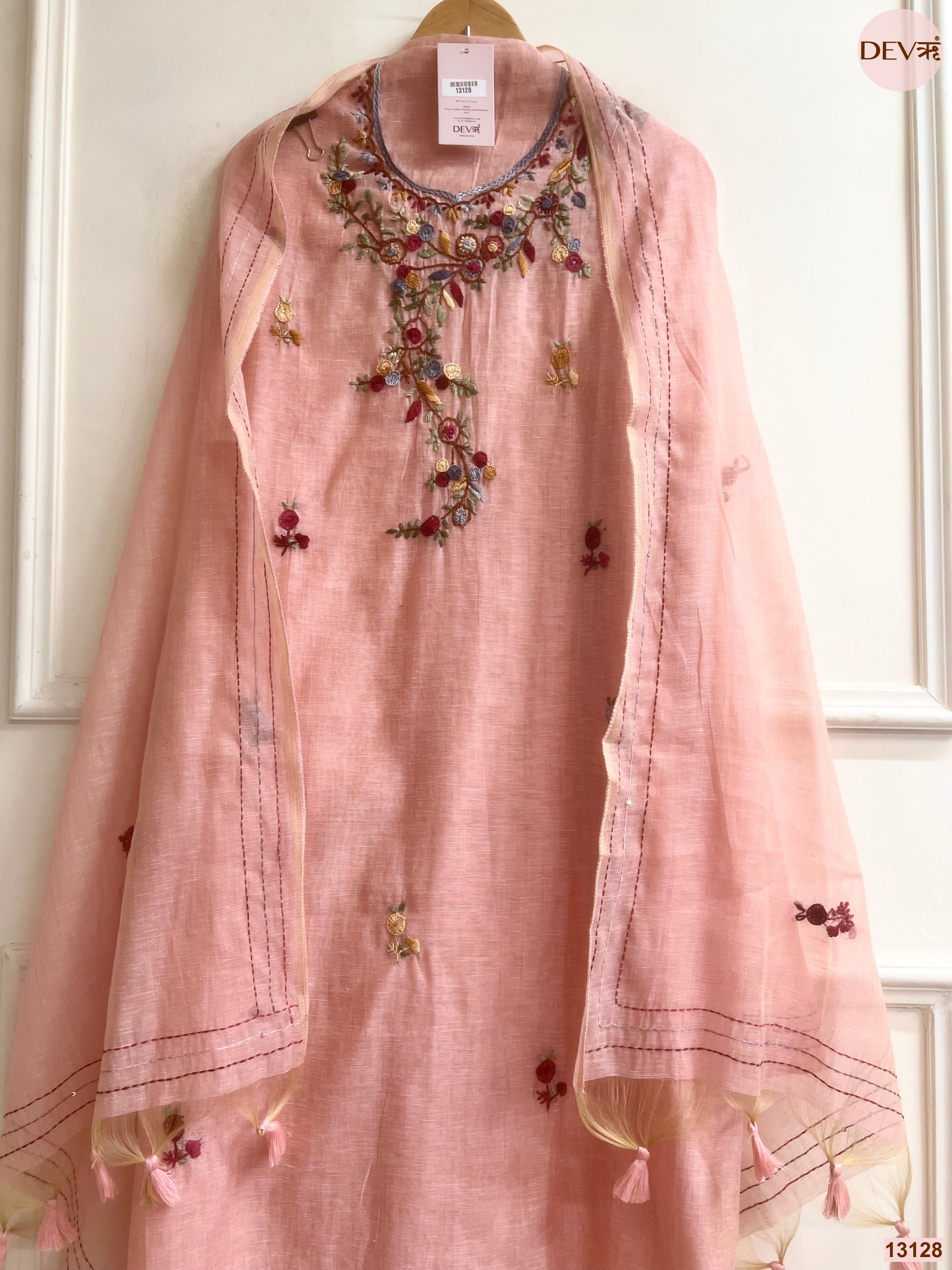 Peach Jamdani Cotton Embroidered Unstitched 3-Piece Suit (Devri – D.No 13128)